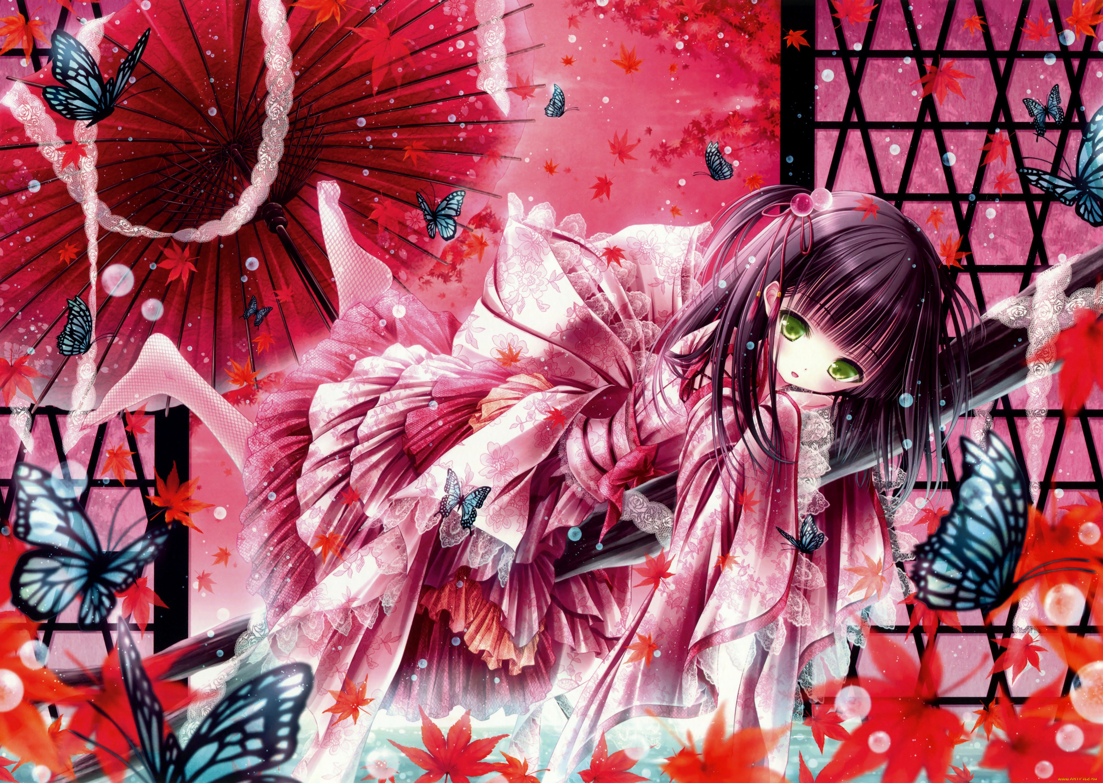 аниме, tinkle, , artbook, tinkle, бабочки, зонт, платье, взгляд, девушка, арт