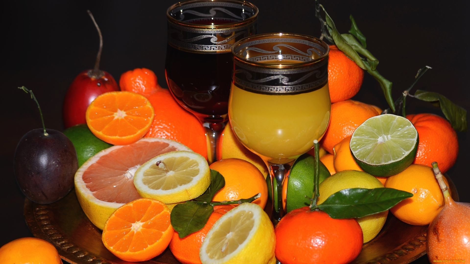 еда, цитрусы, лайм, лимон, мандарин, апельсин, сок, бокалы