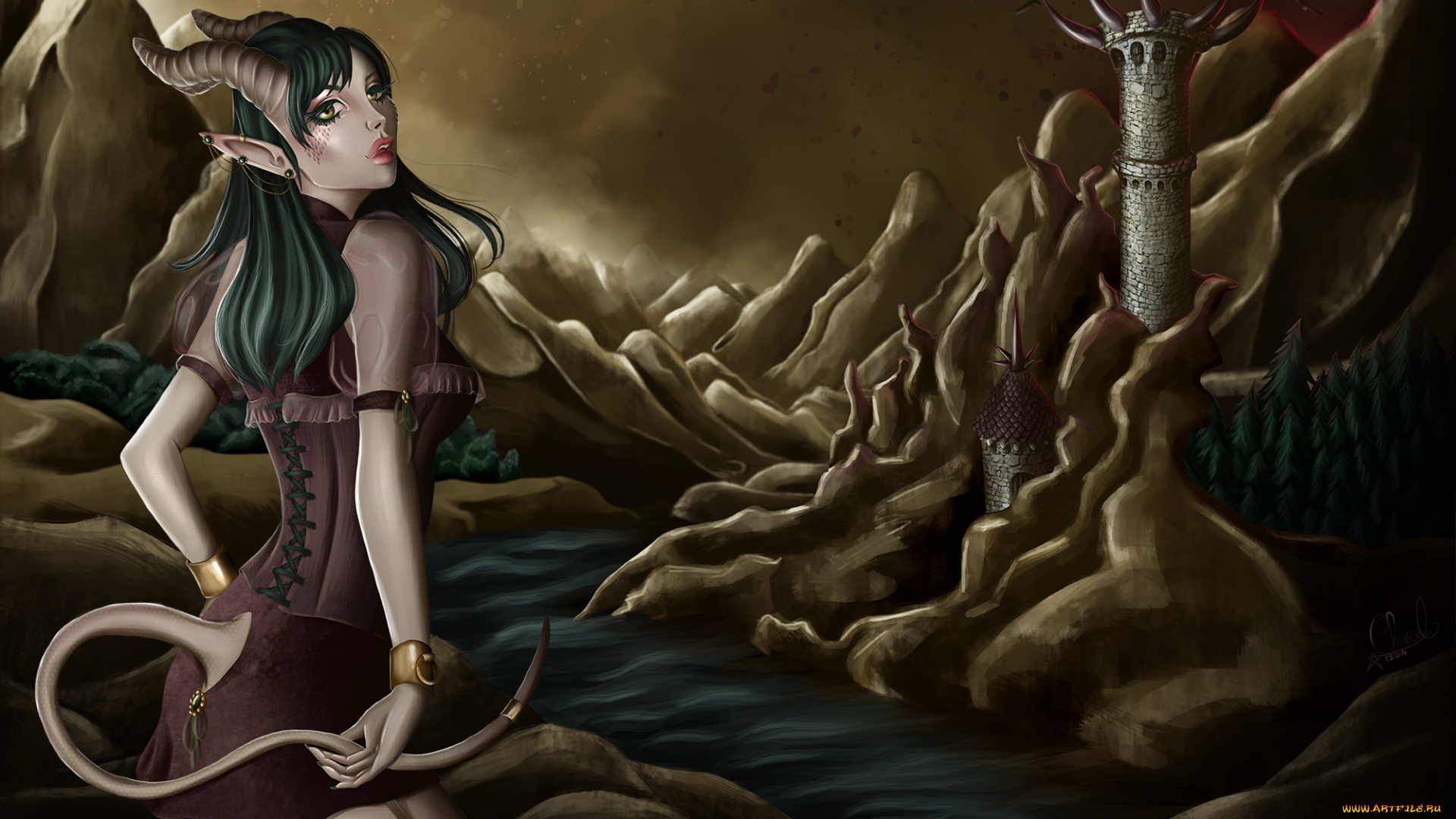 фэнтези, демоны, демон, башни, горы, девушка