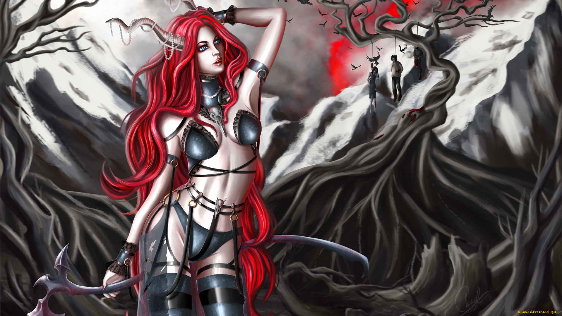 фэнтези, демоны, девушка, горы, дерево, демон