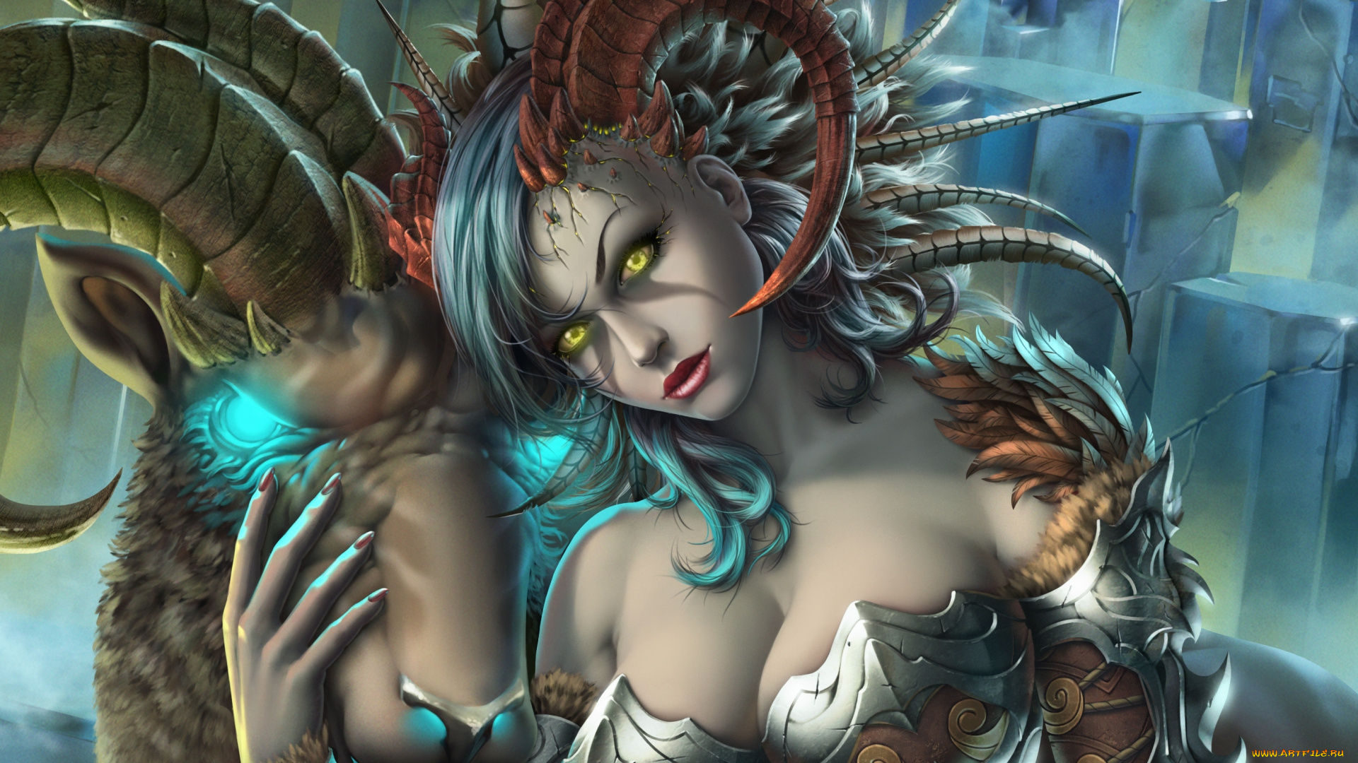 фэнтези, демоны, taiya, succubus, девушка, рога, грудь, арт, демон