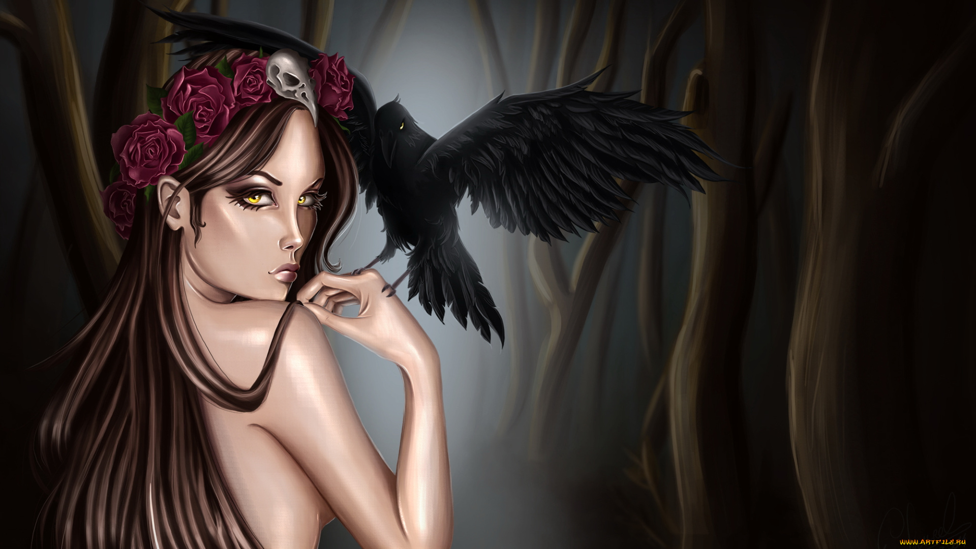 фэнтези, девушки, ворон, девушка, венок, ночь