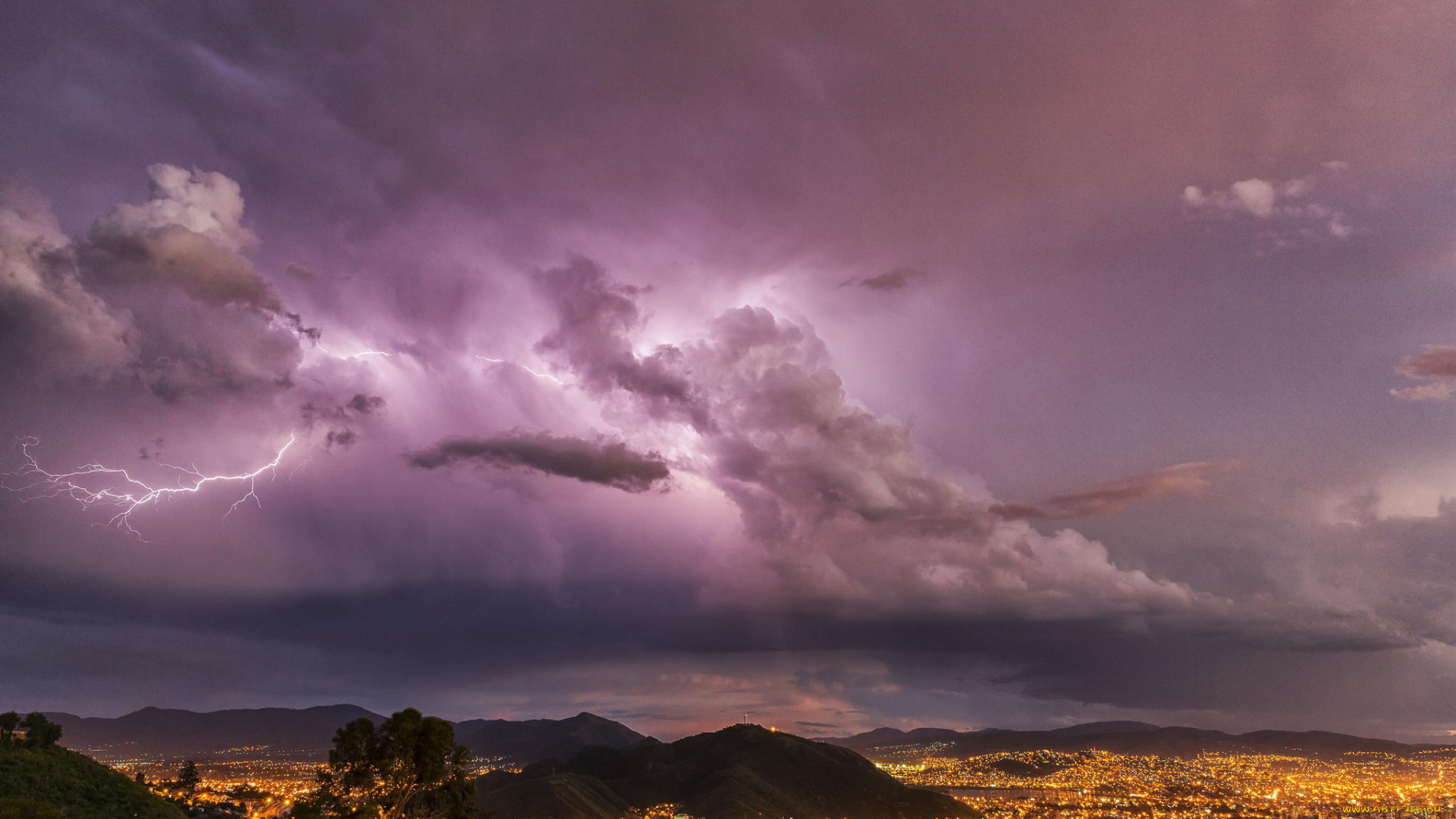 города, -, огни, ночного, города, город, вечер, гроза, горы, молния, тучи