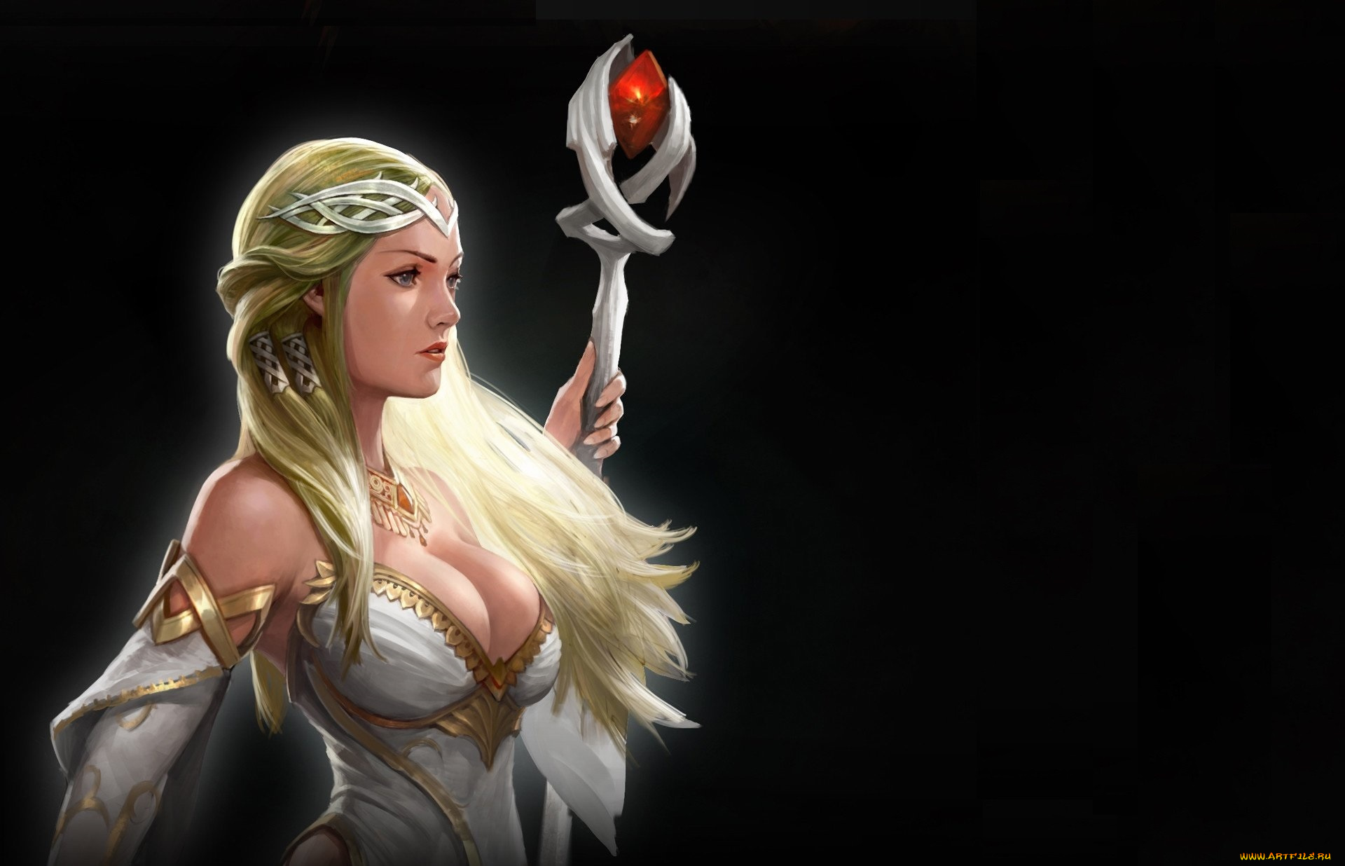 фэнтези, девушки, фэнтази, арт, девушка, профиль, платье, украшение, посох, фон