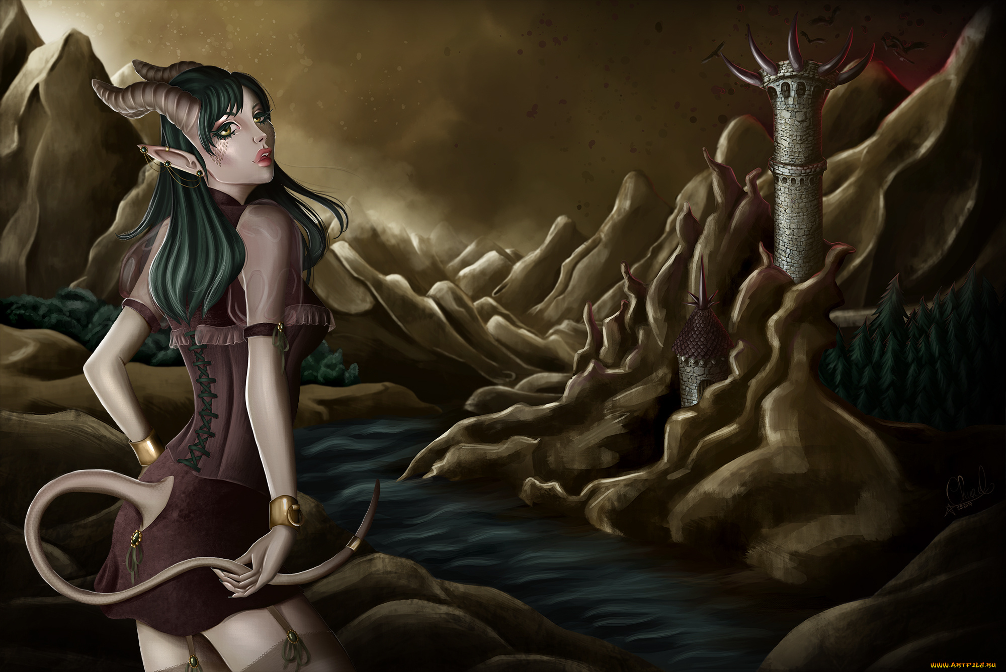 фэнтези, демоны, демон, башни, горы, девушка