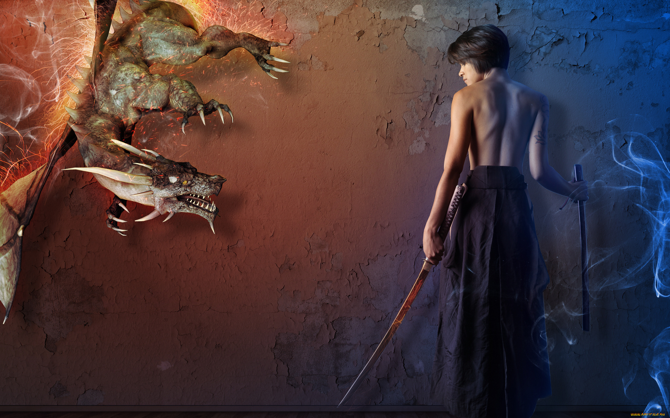 фэнтези, фотоарт, катана, фото, арт, дракон, девушка