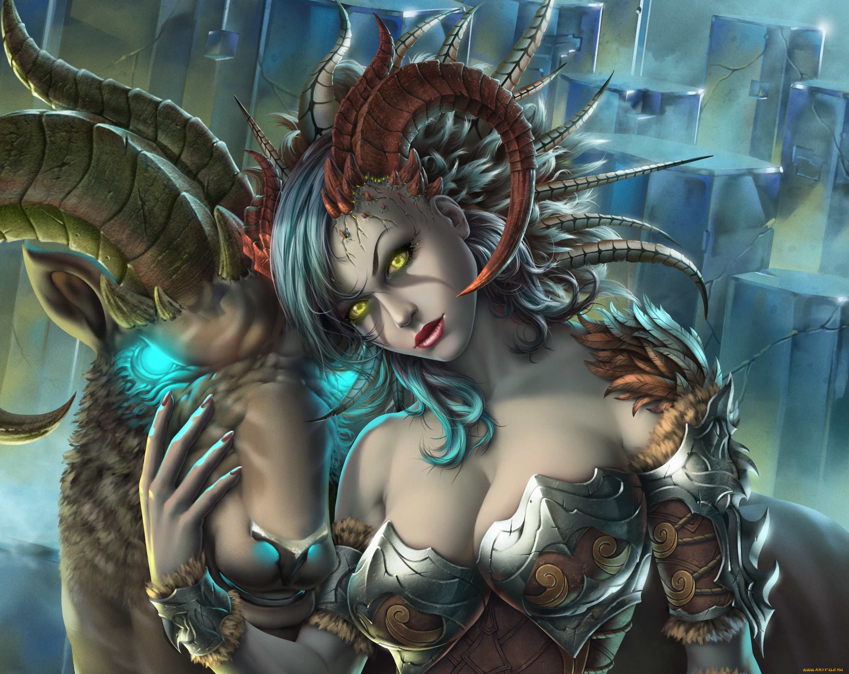 фэнтези, демоны, taiya, succubus, девушка, рога, грудь, арт, демон