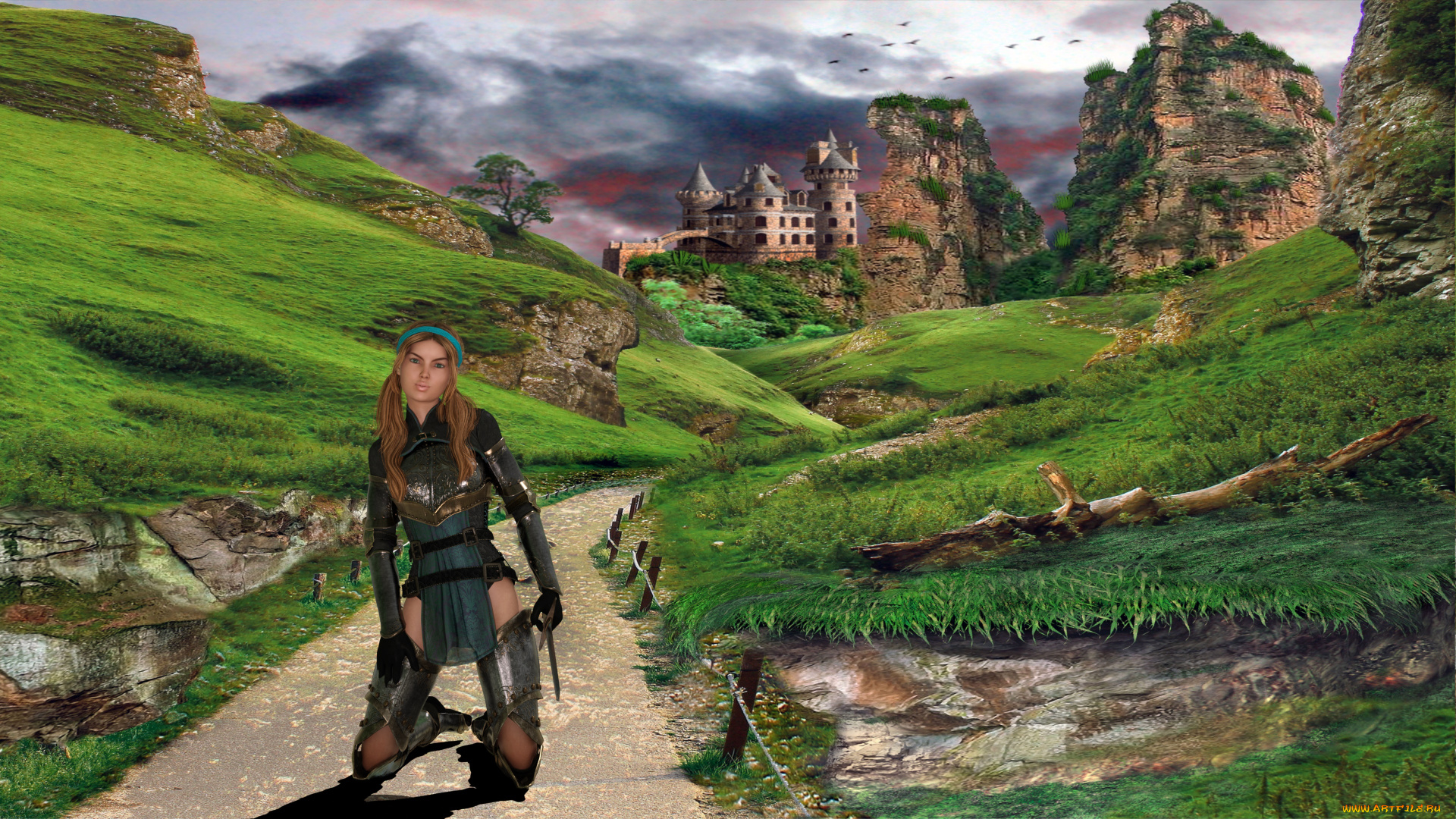 3д, графика, люди, , people, девушка, замок, фон, взгляд