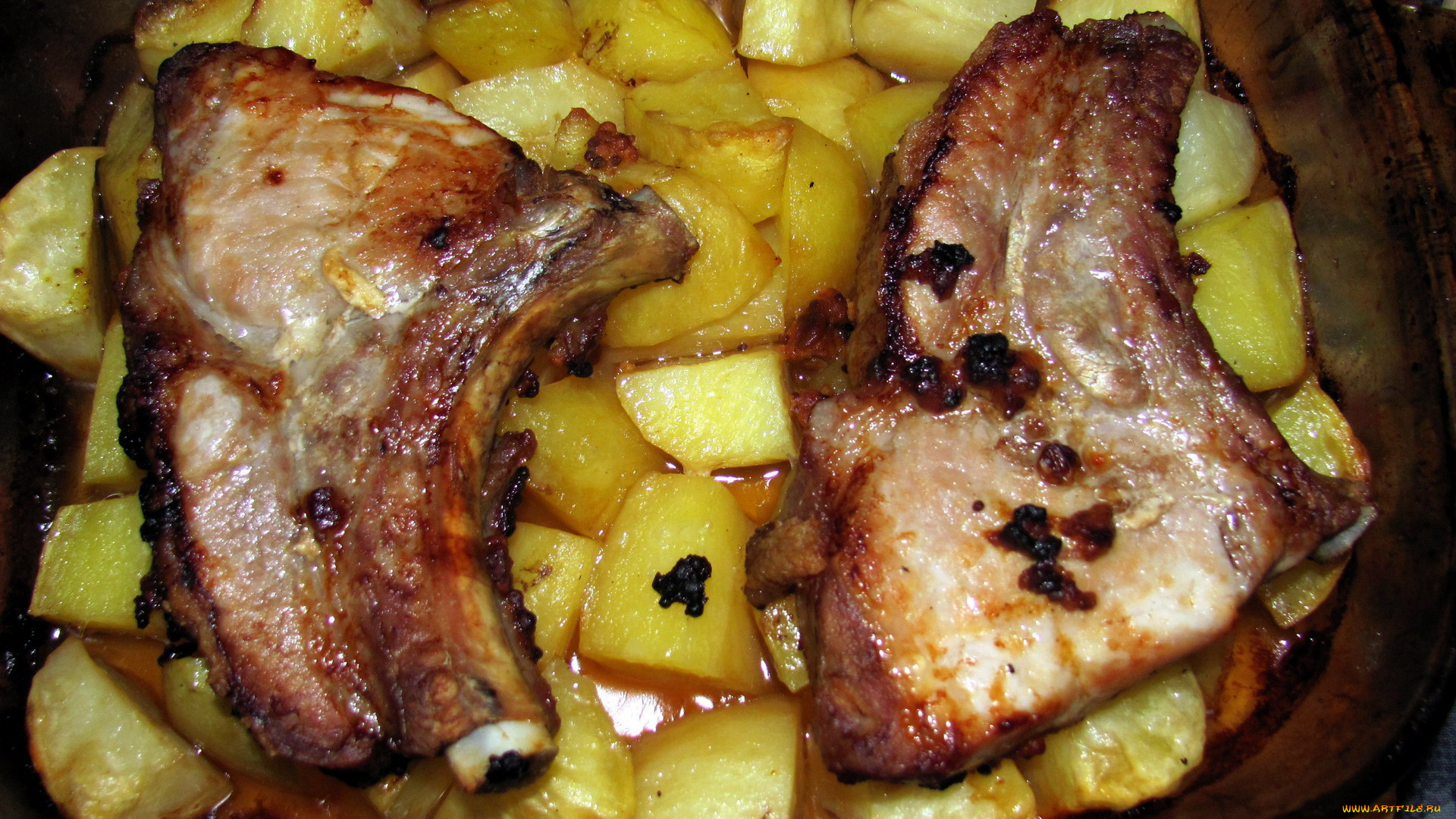 еда, мясные, блюда, картофель, корейка