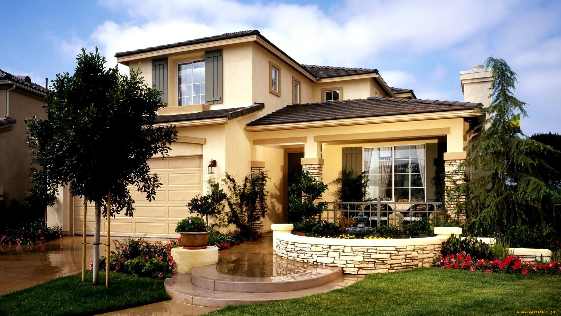 города, -, здания, , дома, цветы, дом, деревья