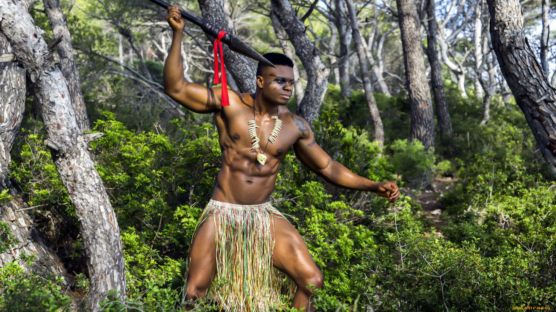 мужчины, -, unsort, лес, воин, тату, копье, лента