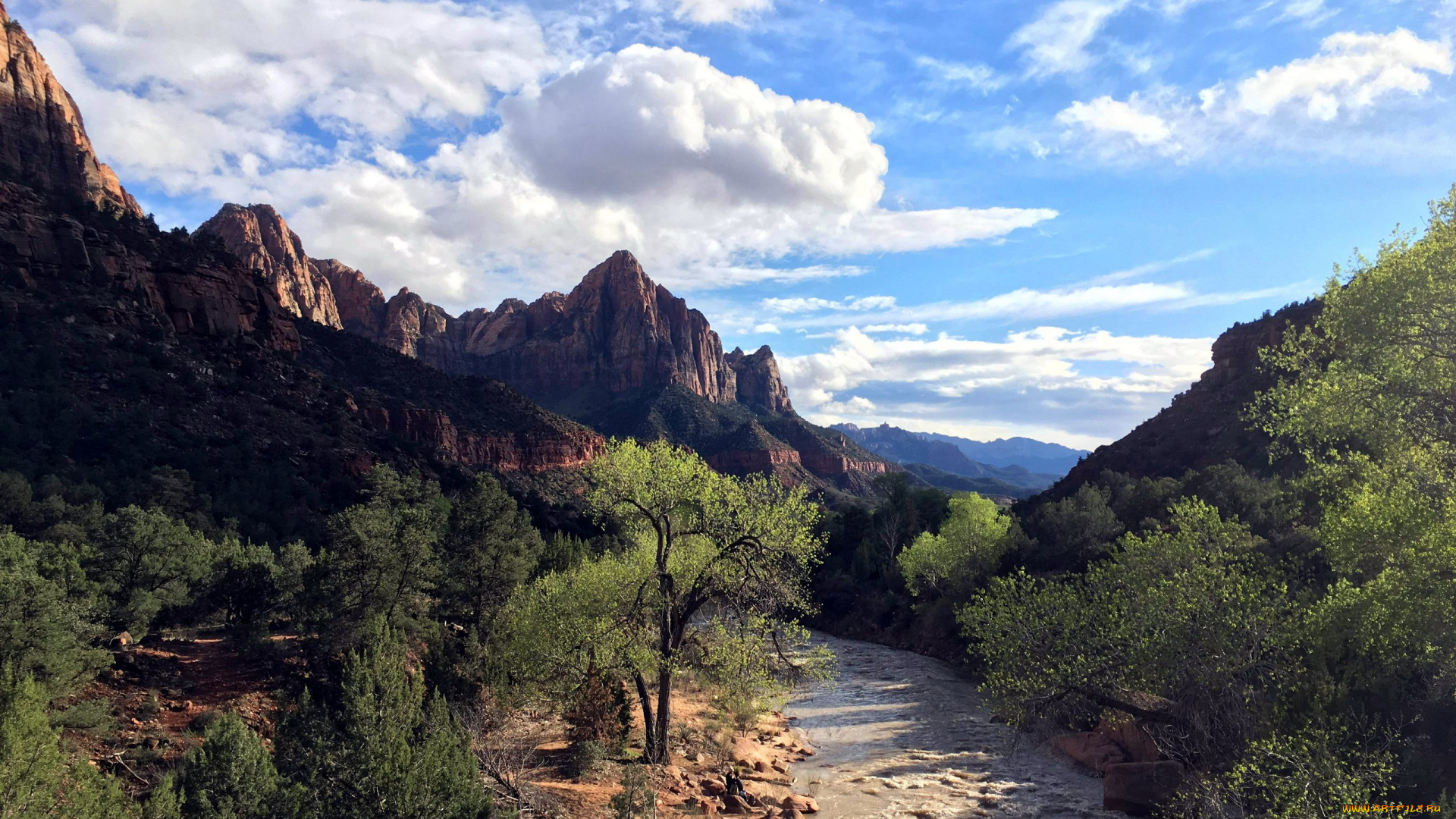 природа, горы, деревья, река, вода