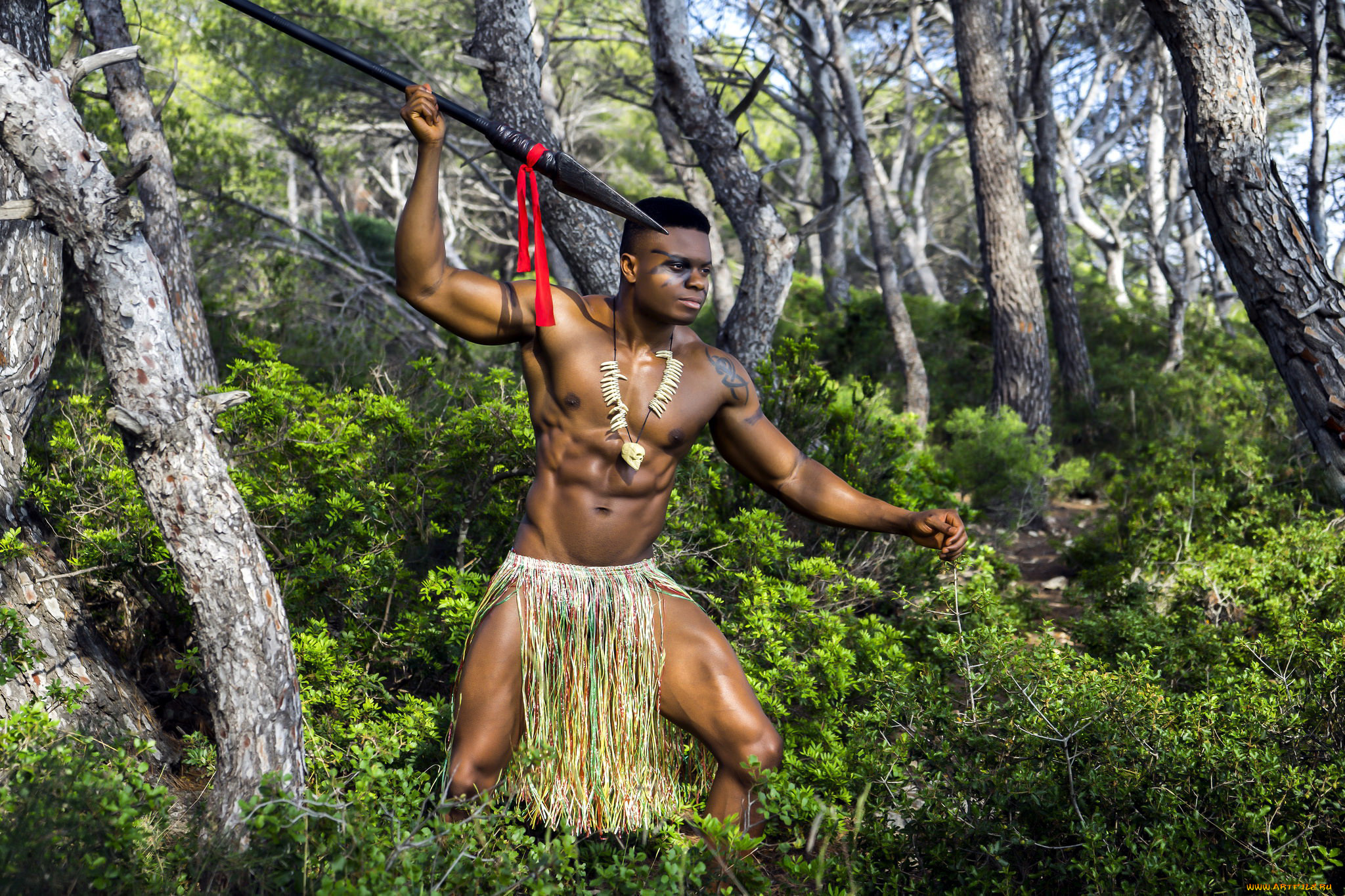 мужчины, -, unsort, лес, воин, тату, копье, лента