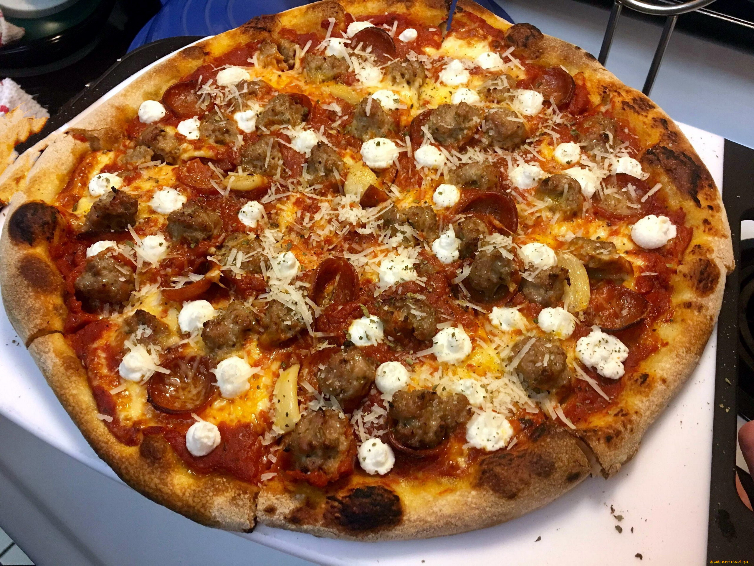 еда, пицца, салями, сыр