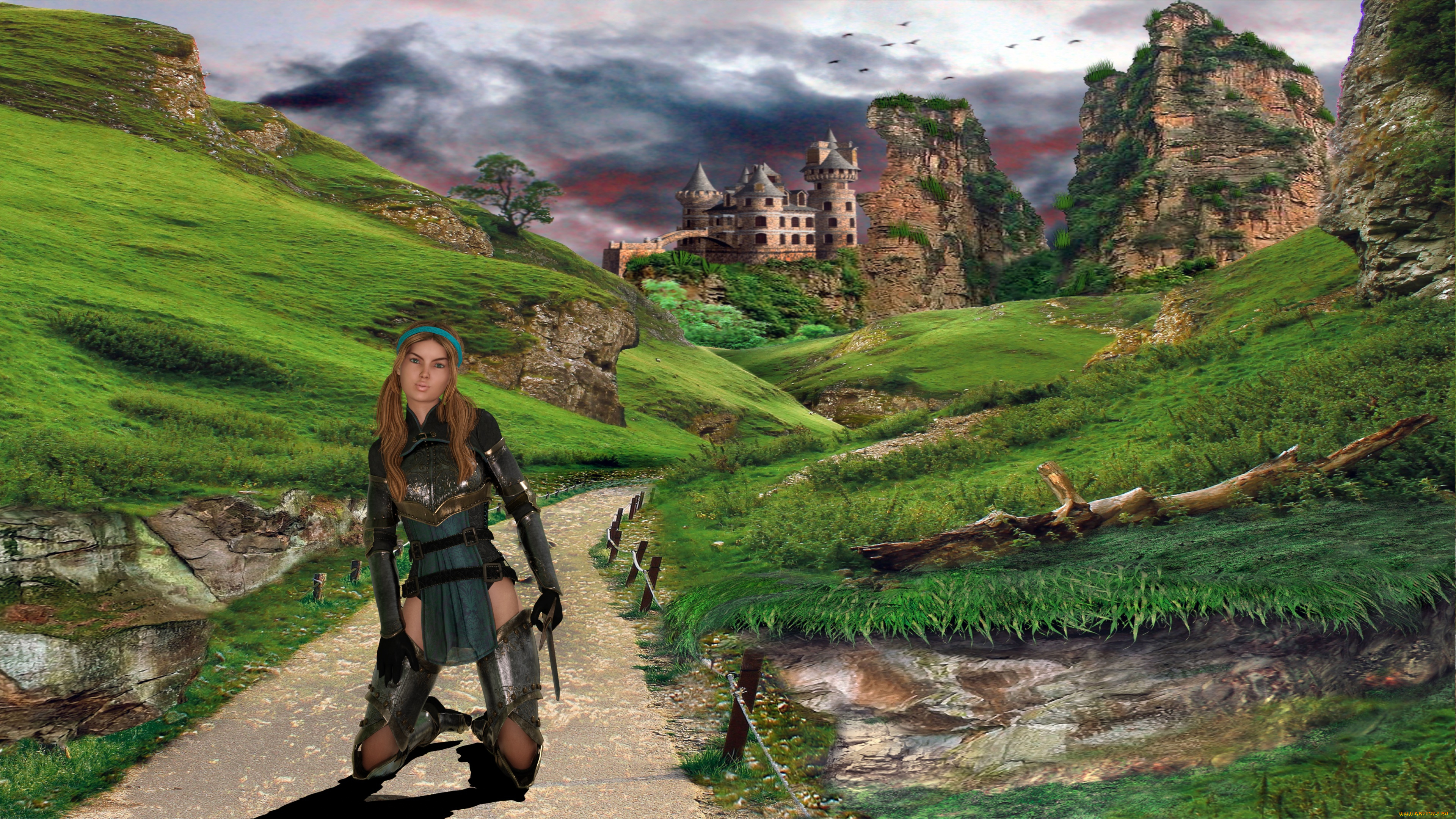 3д, графика, люди, , people, девушка, замок, фон, взгляд