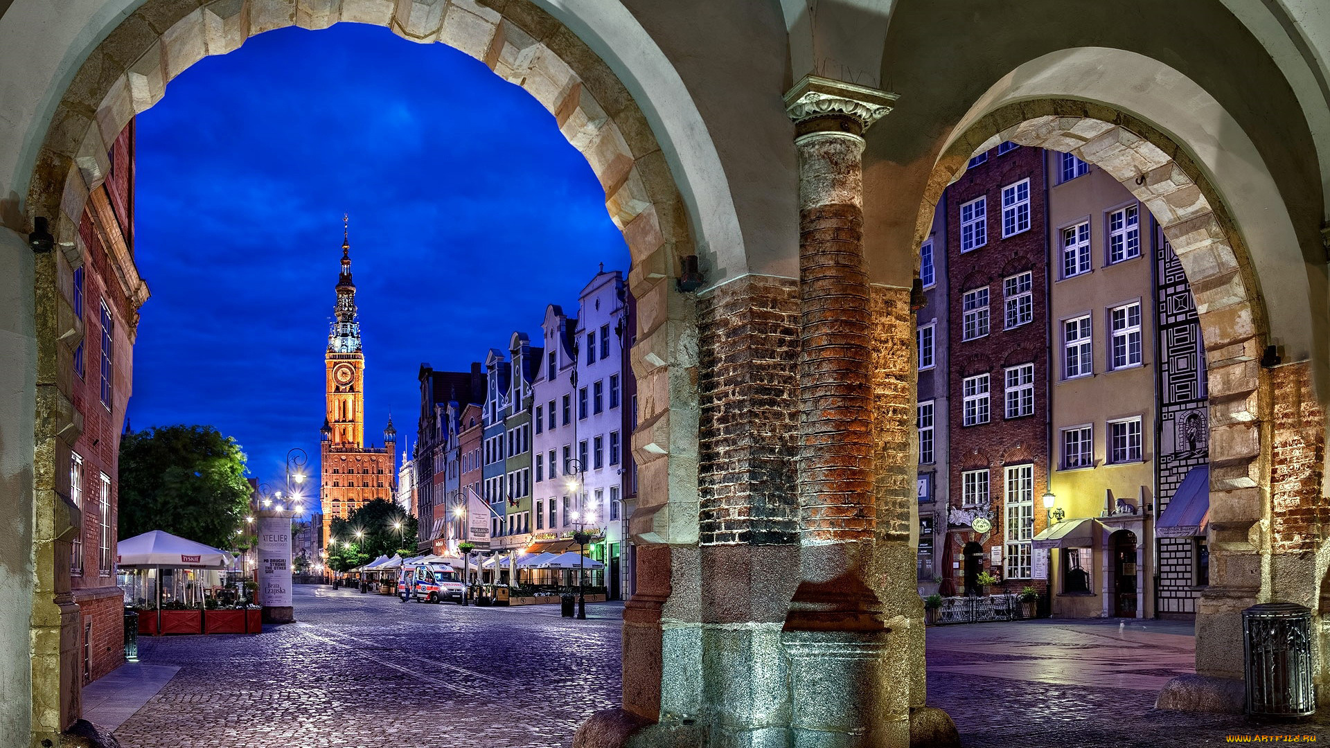 города, гданьск, , польша, огни, вечер