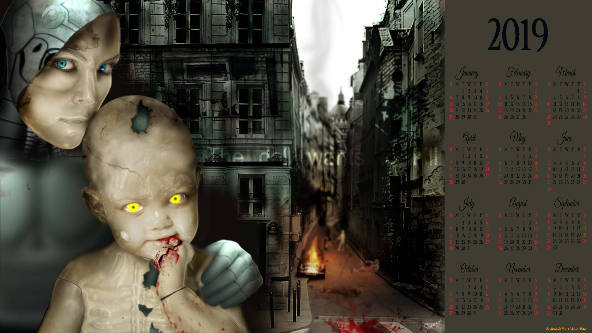 календари, фэнтези, существо, робот, женщина, ребенок, здание