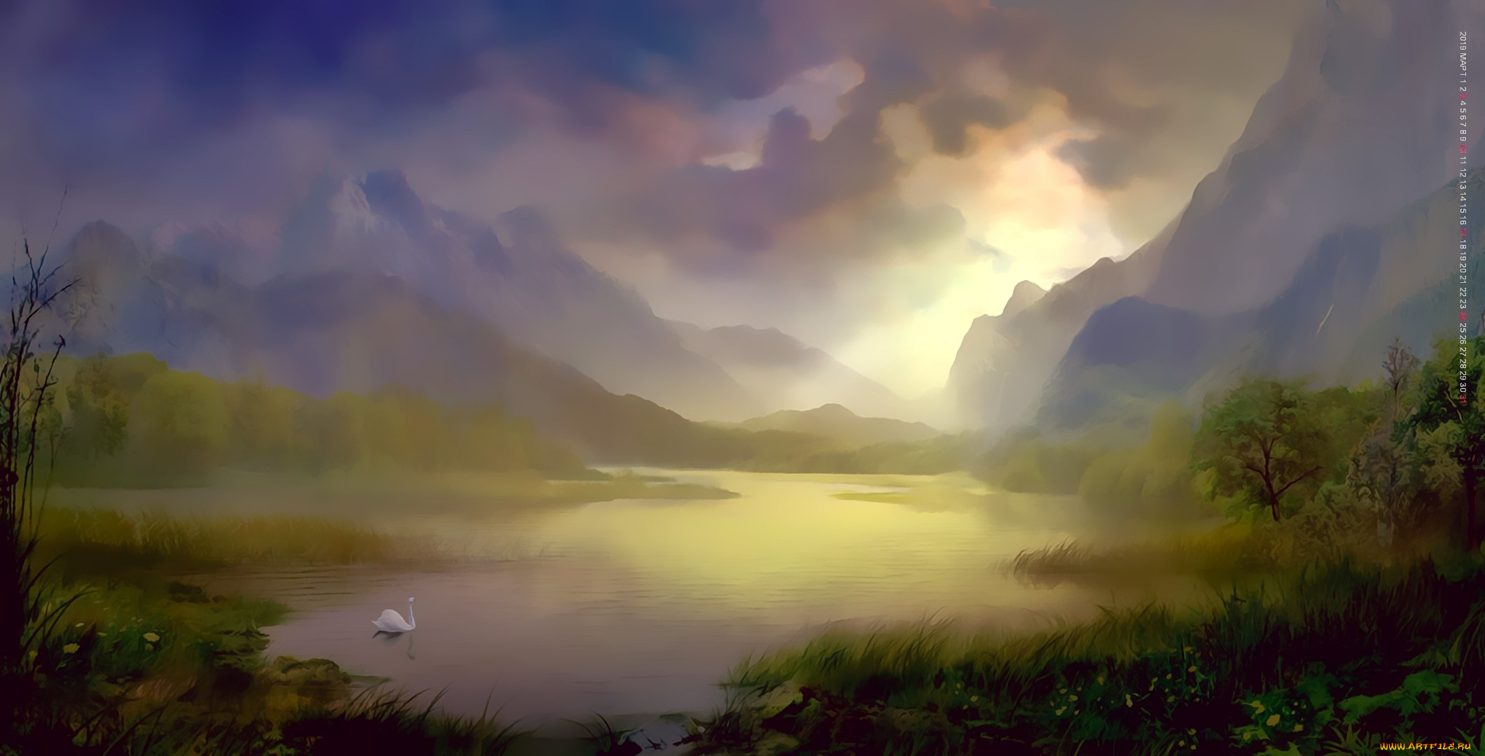 календари, рисованные, , векторная, графика, водоем, лебедь, гора, растение