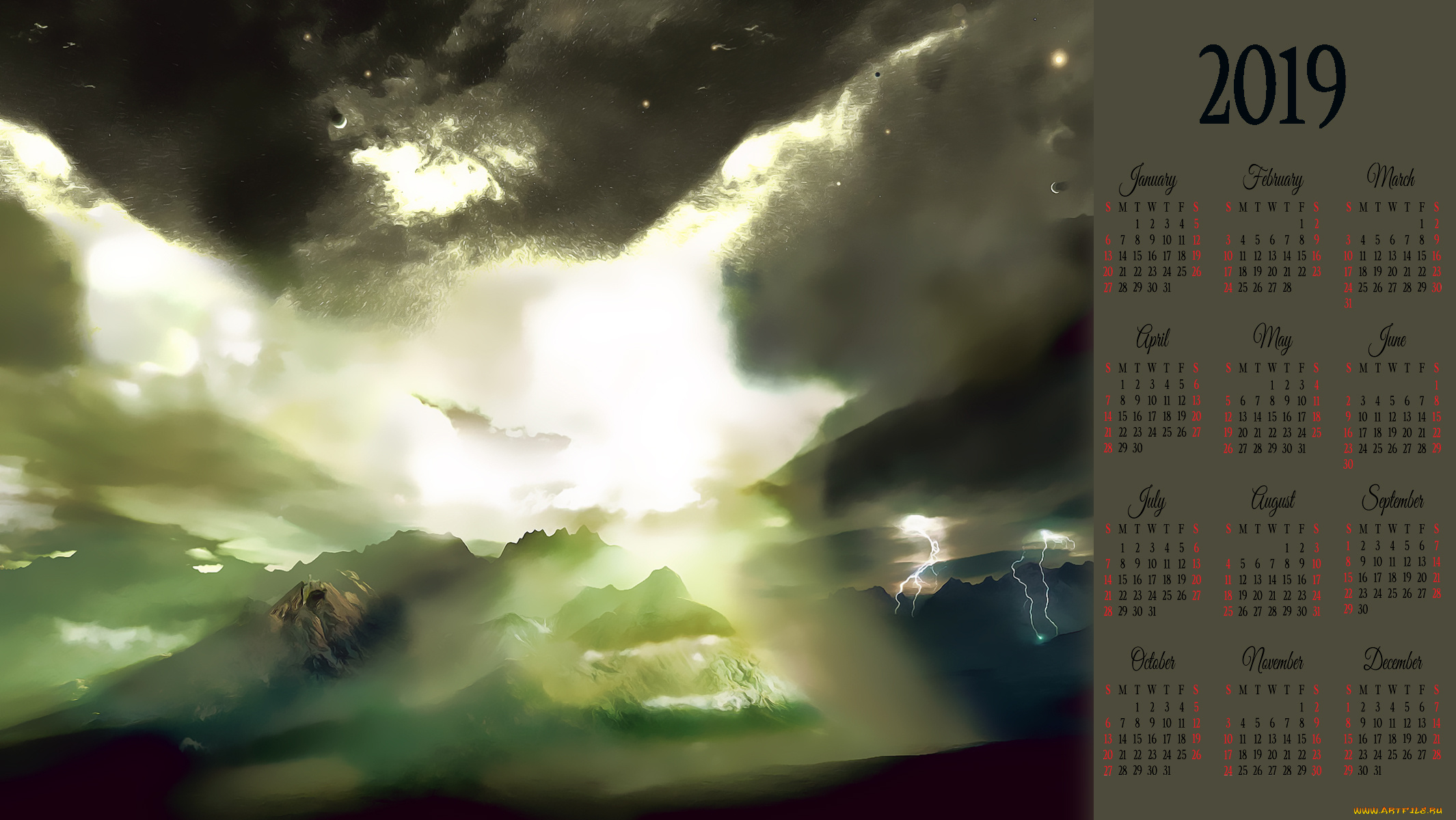 календари, фэнтези, гора, молния