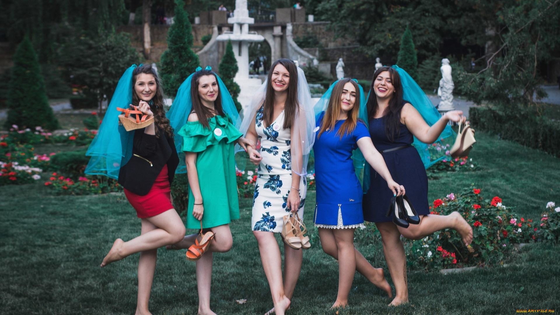 девушки, -, группа, девушек, подружки, улыбки, позы, ножки