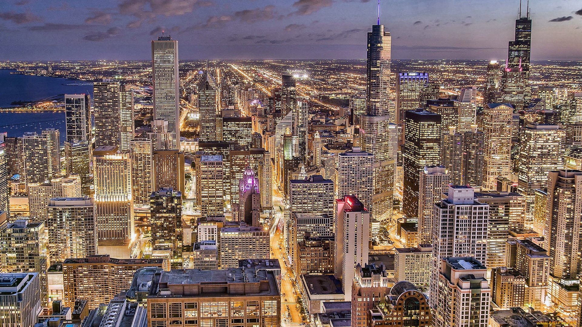 города, чикаго, , сша, панорама, вечер, огни