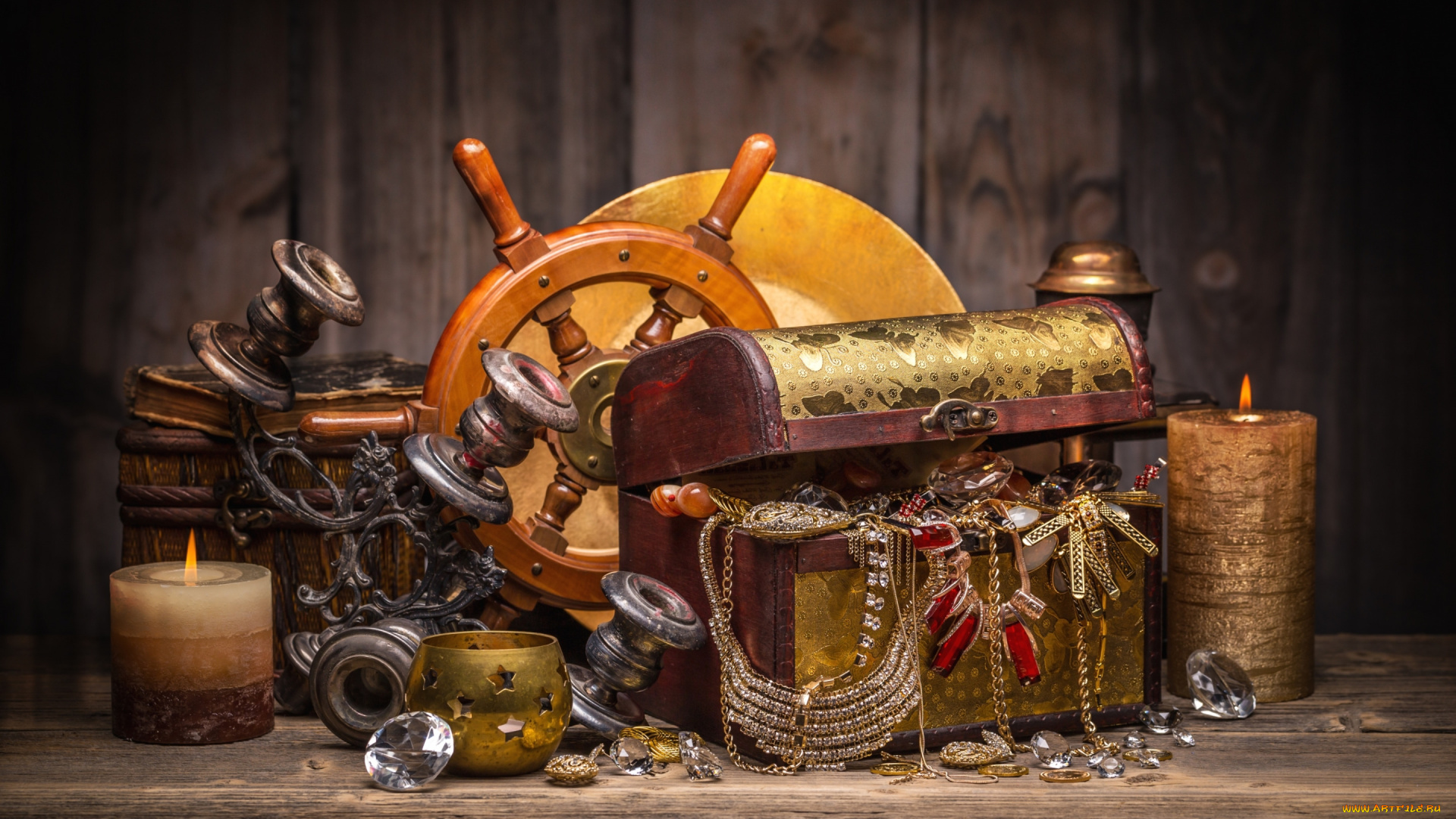 разное, украшения, , аксессуары, , веера, сундук, штурвал, украшение, пираты, сокровища, золото, деньги, камни, драгоценности, подсвечник, свеча, огонь, книга, стол, дерево, побрякушки