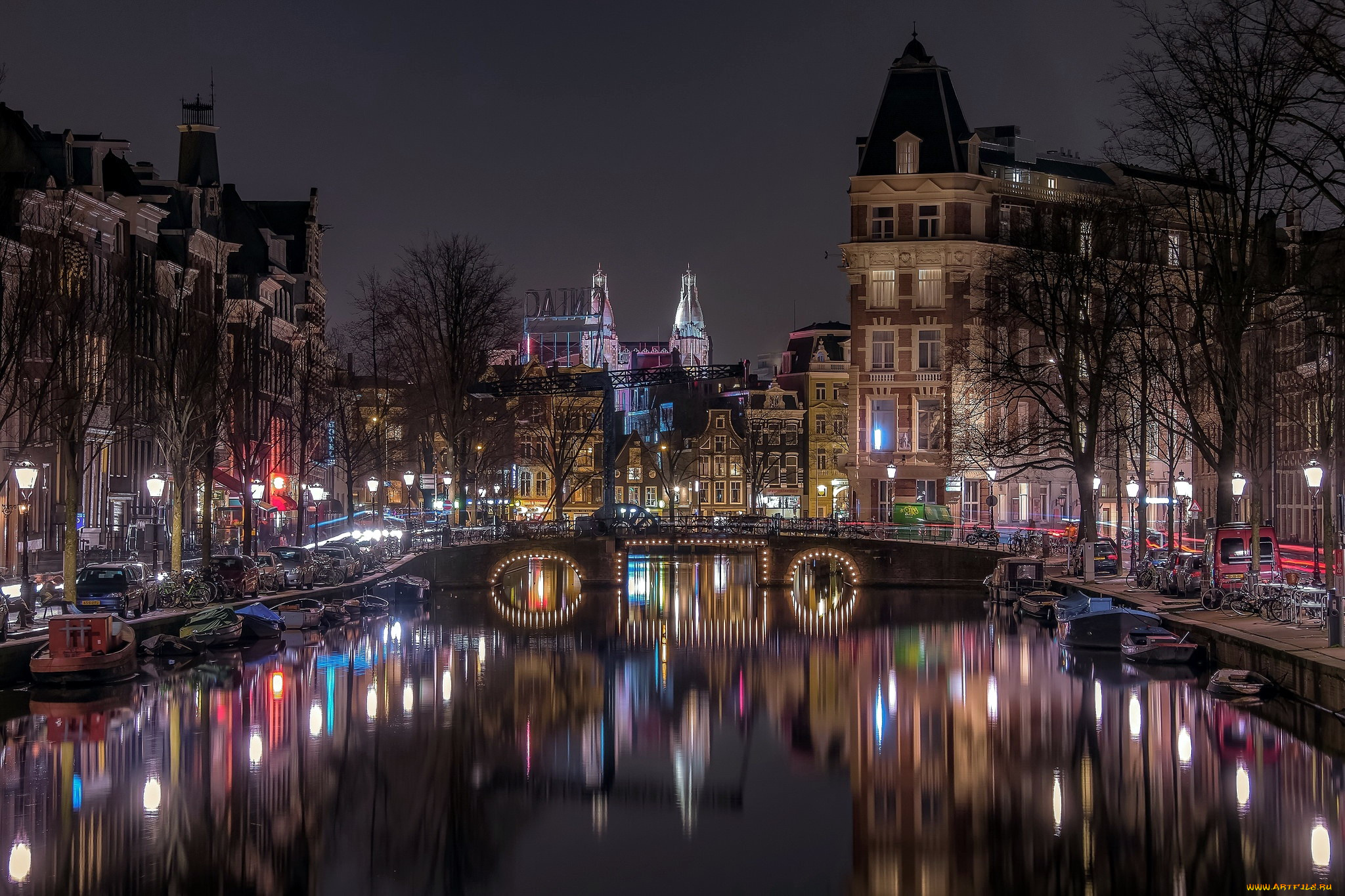 города, амстердам, , нидерланды, вечер, огни, канал