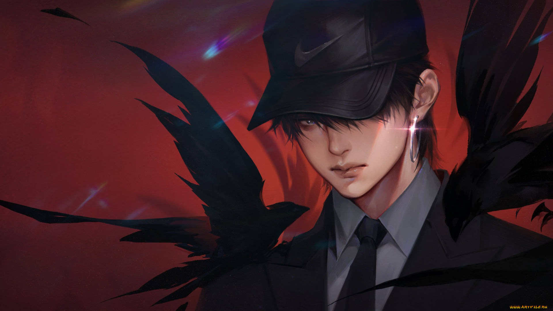 аниме, животные, , существа, парень, кепка, серьга, костюм, вороны