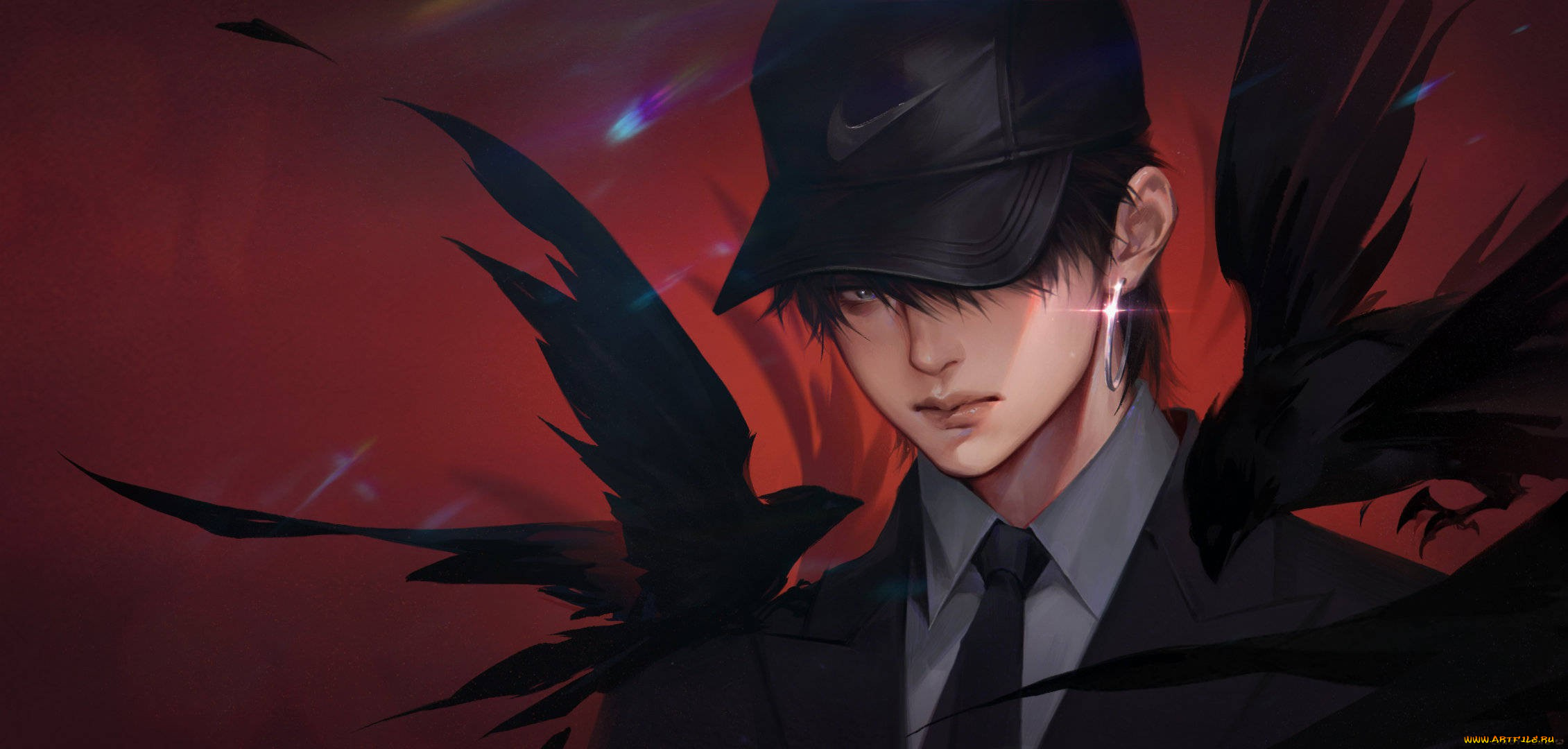 аниме, животные, , существа, парень, кепка, серьга, костюм, вороны