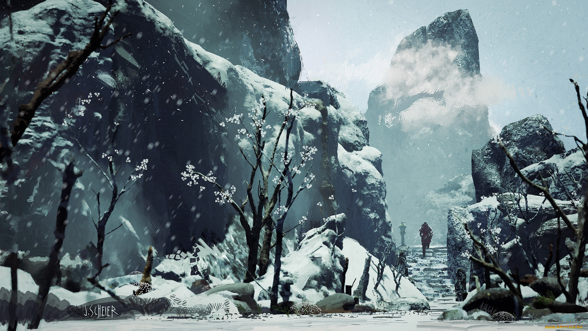 фэнтези, иные, миры, , иные, времена, скалы, снег, деревья, лестница, человек