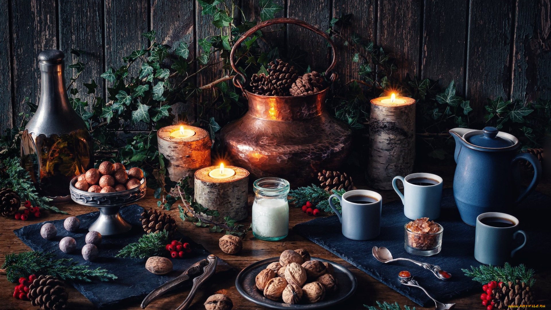 еда, натюрморт, шишки, орехи, свечи, кофе