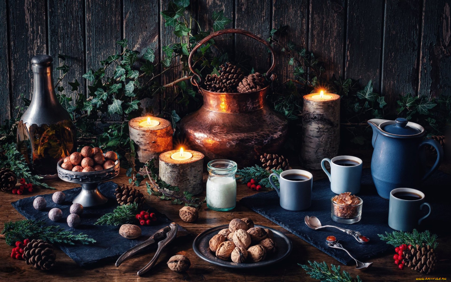 еда, натюрморт, шишки, орехи, свечи, кофе