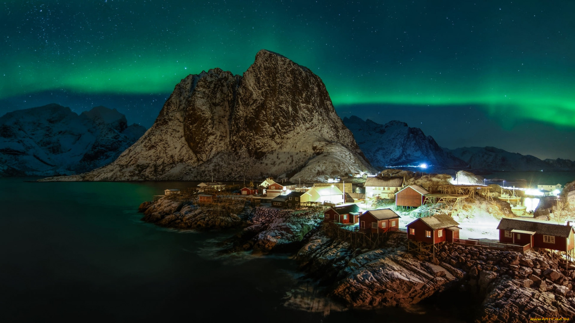 города, лофотенские, острова, , норвегия, горы, фьорд, северное, сияние, вечер