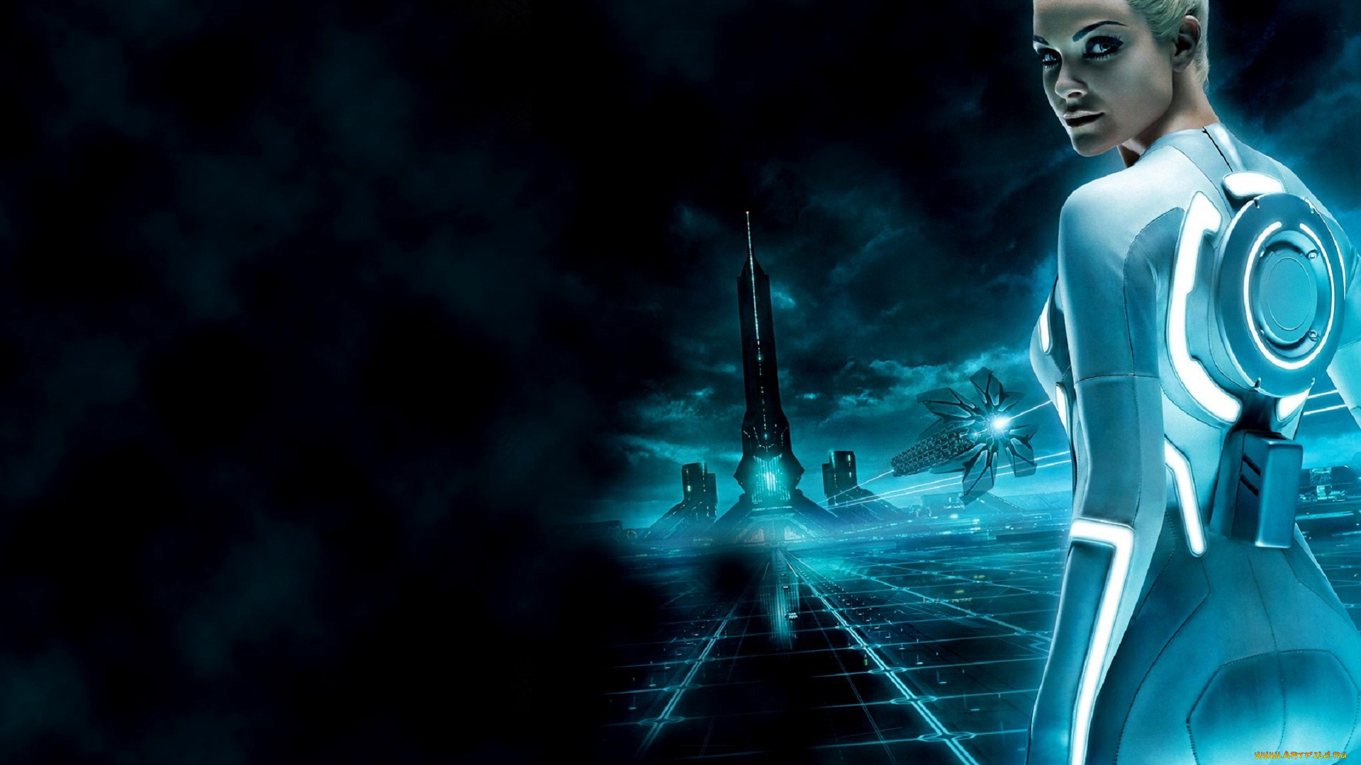 кино, фильмы, tron, legacy, девушка, неон, костюм, башня, площадь