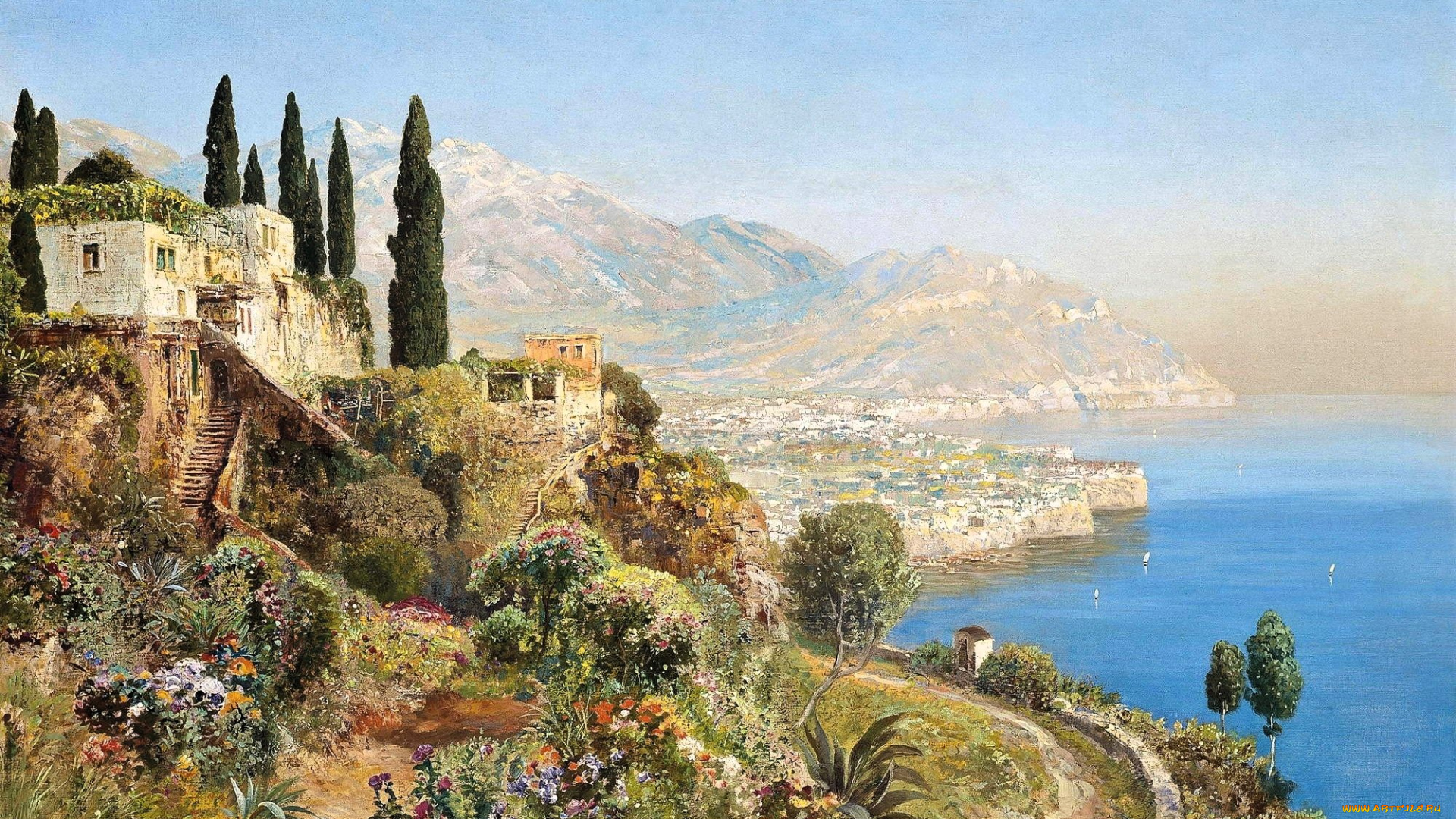 рисованное, alois, arnegger, горы, море, город, дома, дорога, сад