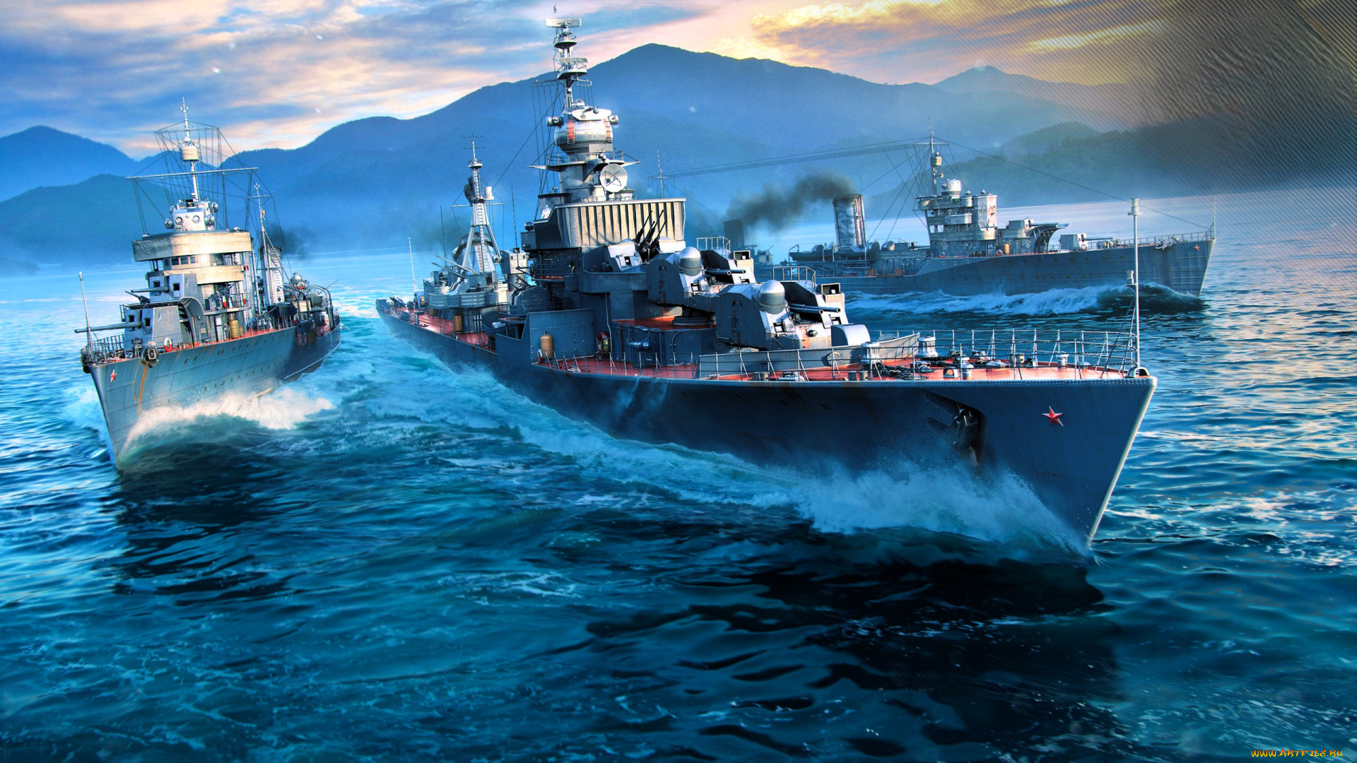 видео, игры, world, of, warships, корабли, эскадра, море, горы, облака