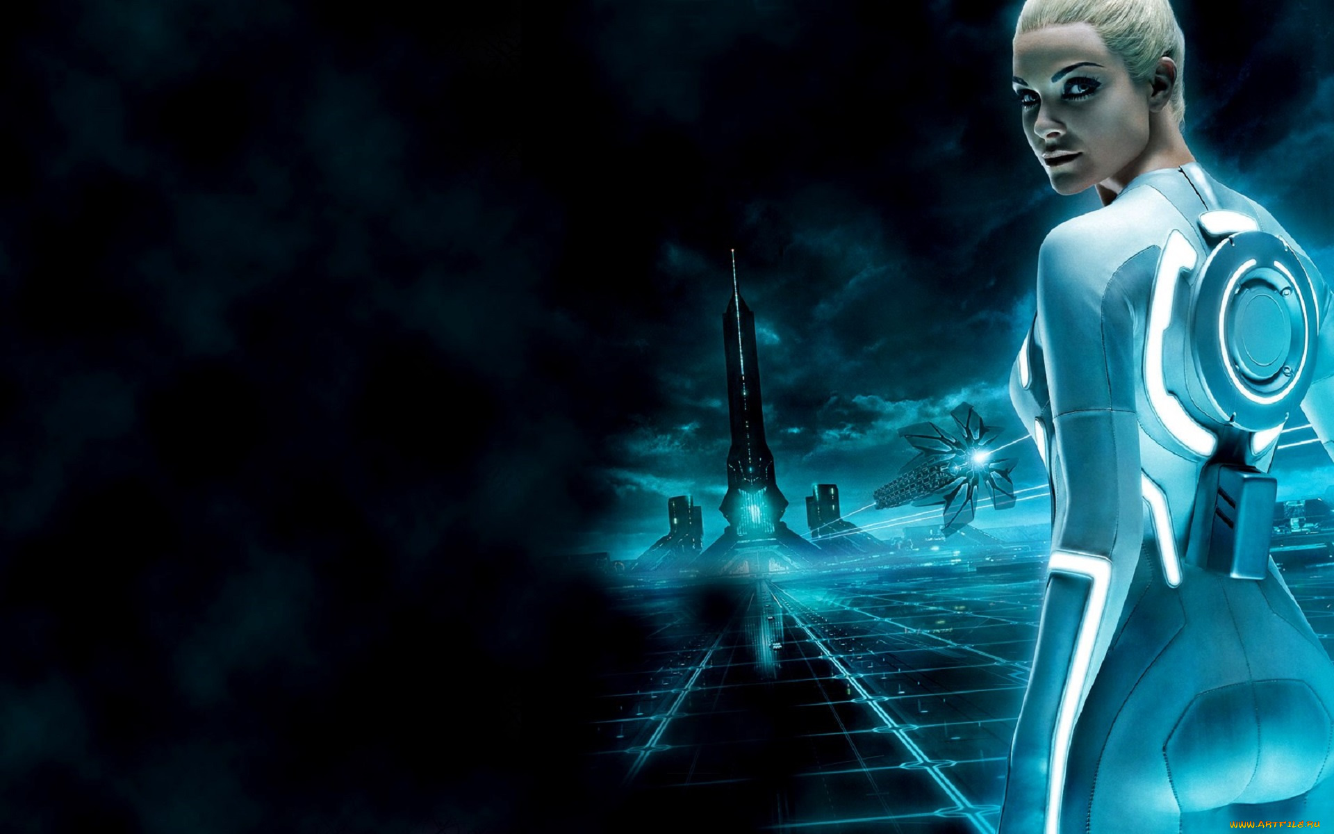 кино, фильмы, tron, legacy, девушка, неон, костюм, башня, площадь