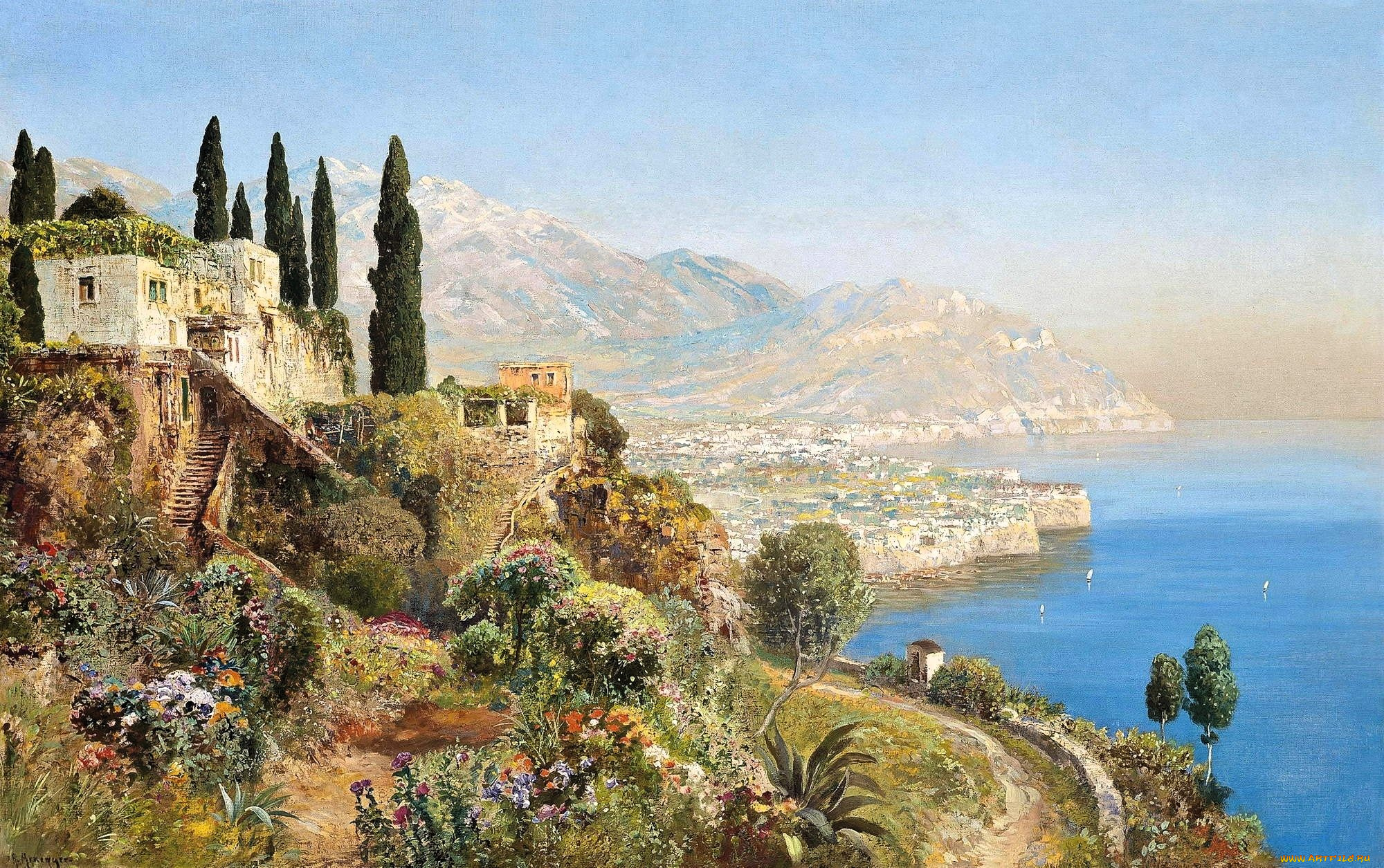 рисованное, alois, arnegger, горы, море, город, дома, дорога, сад
