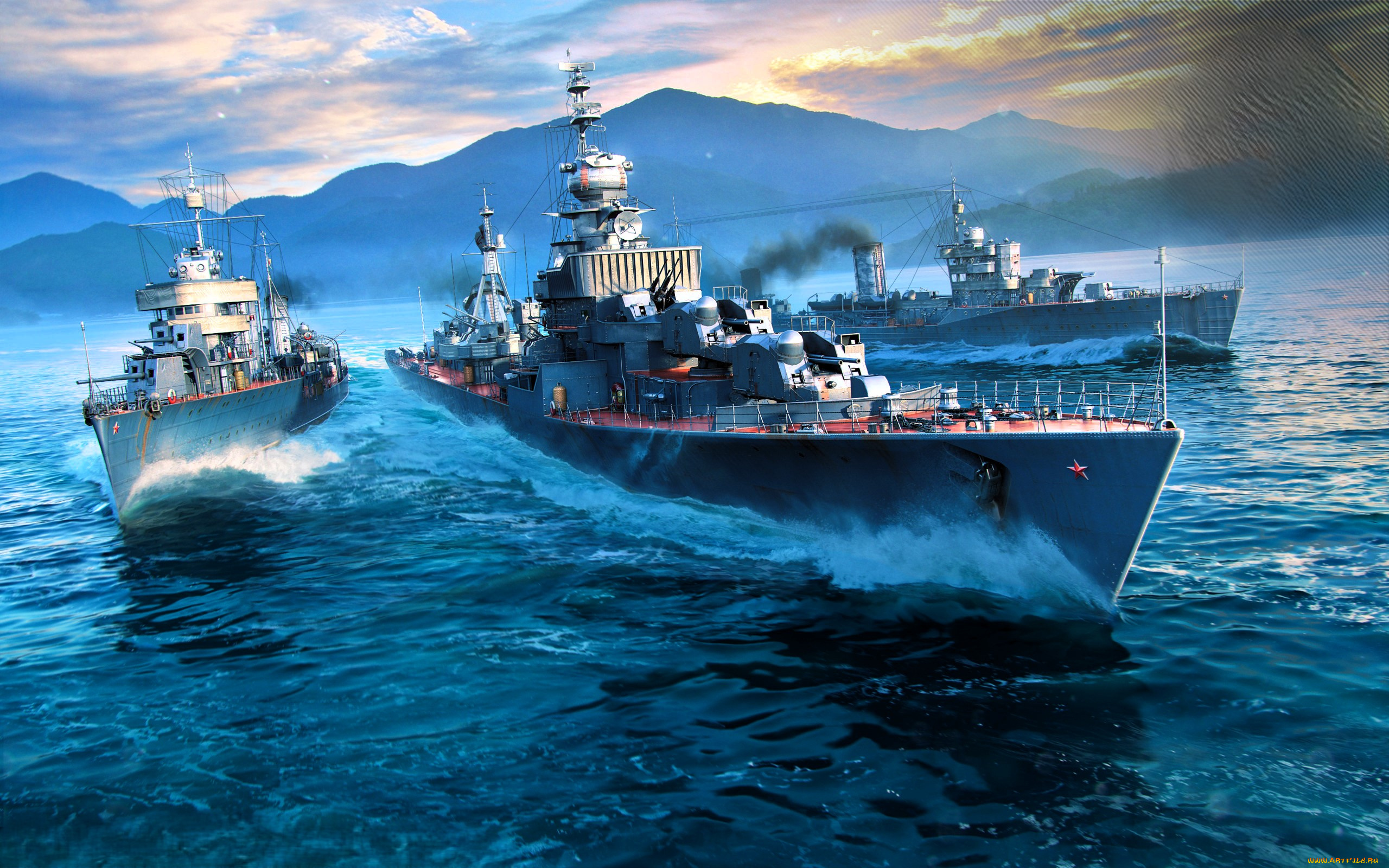 видео, игры, world, of, warships, корабли, эскадра, море, горы, облака