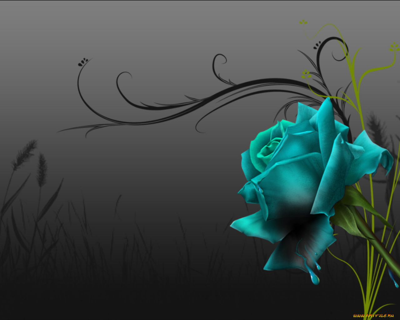 векторная, графика, роза, синяя, стебель