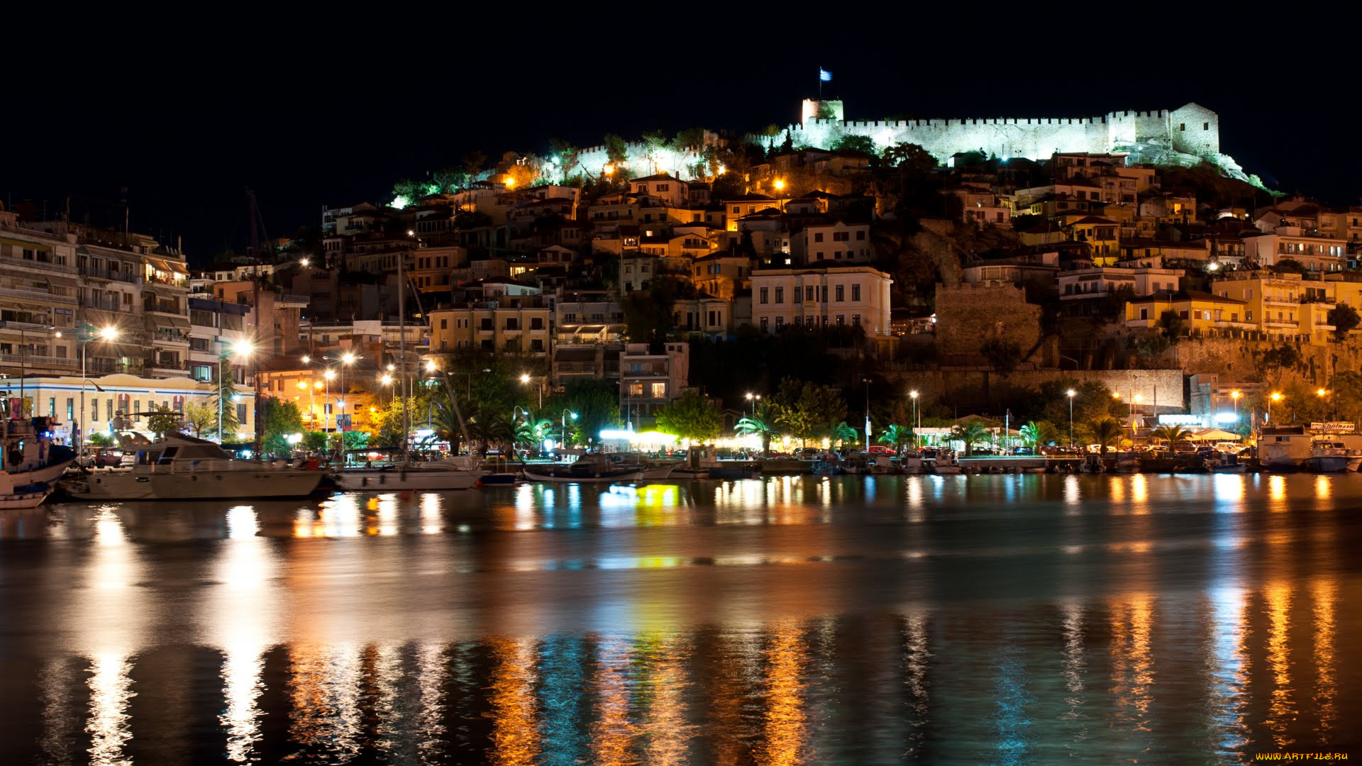 города, огни, ночного, kavala, греция