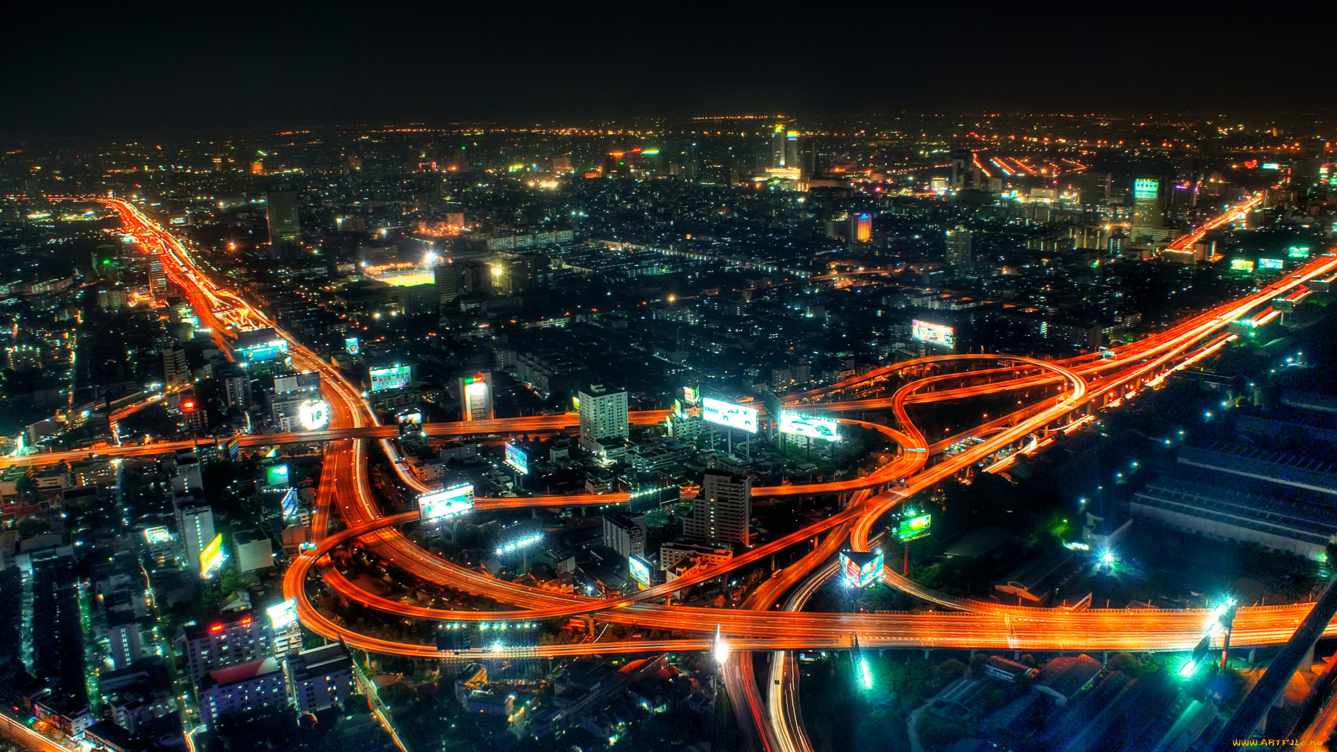 города, огни, ночного, магистраль, дороги, ночь