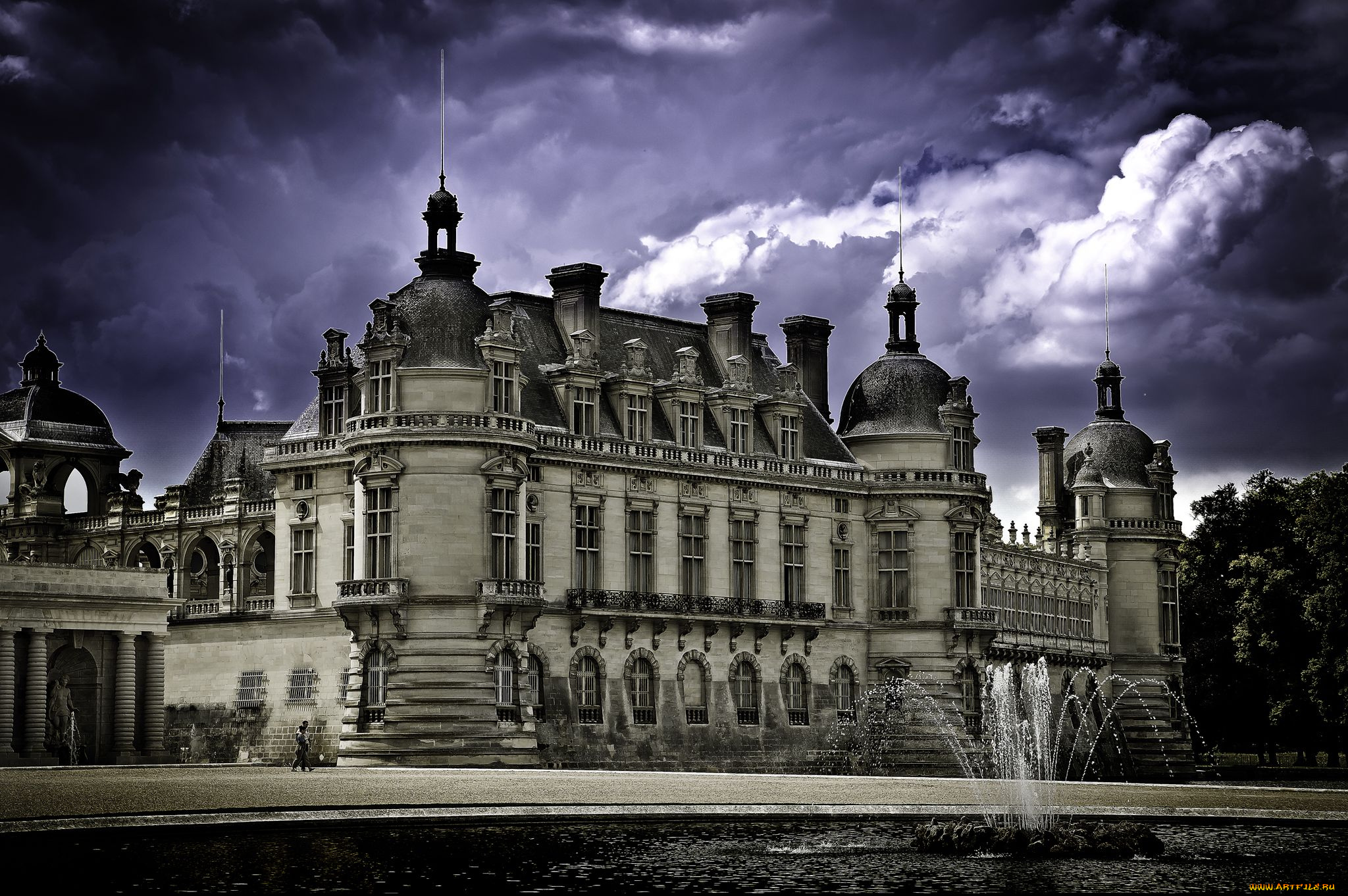 chateau, de, chantilly, france, города, замки, луары, франция, фонтан