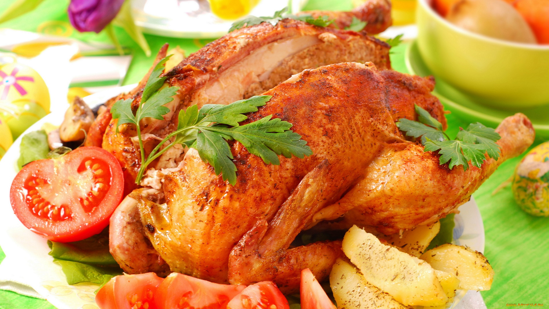 еда, мясные, блюда, петрушка, картофель, зелень, курица, тарелка, кусочки, стол, дольки, помидоры, томаты