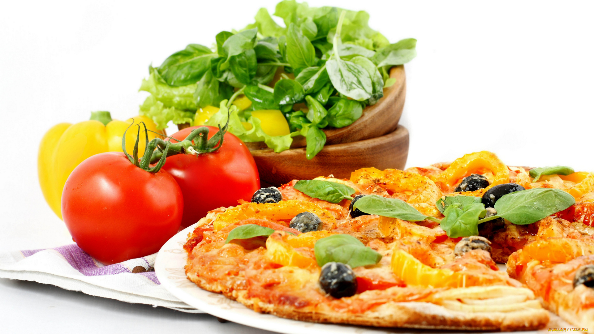 еда, пицца, белый, фон, овощи, помидоры, зелень, томаты