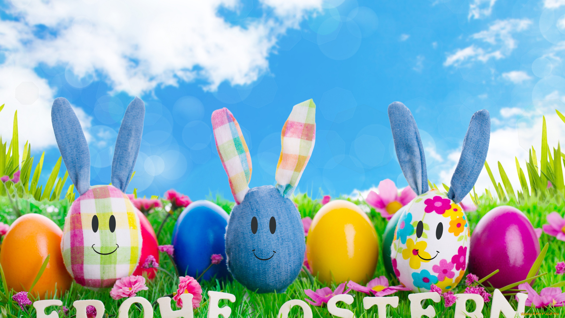 праздничные, пасха, небо, трава, облака, цветы, весна, яйца, природа
