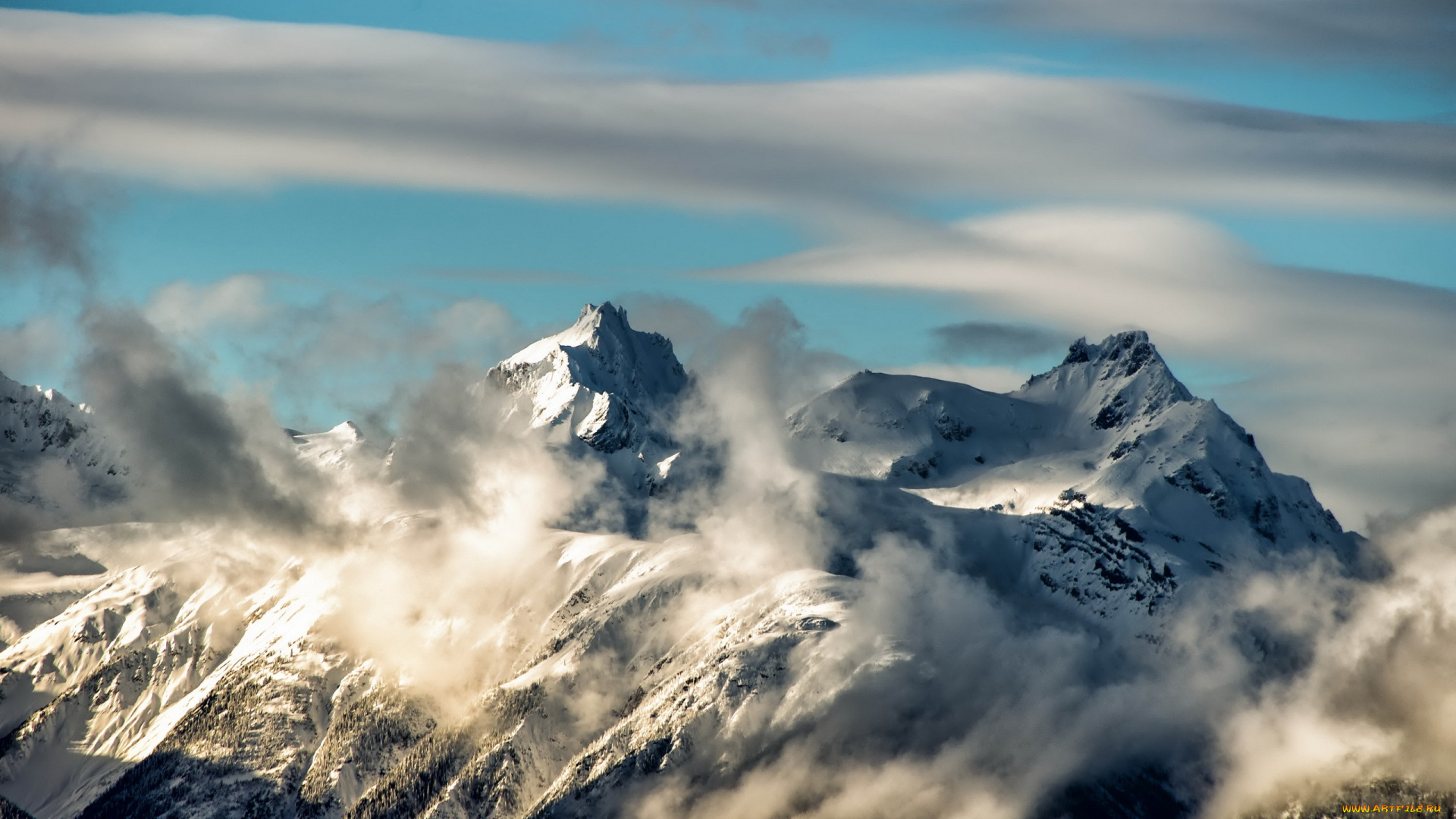 природа, горы, пики, облака