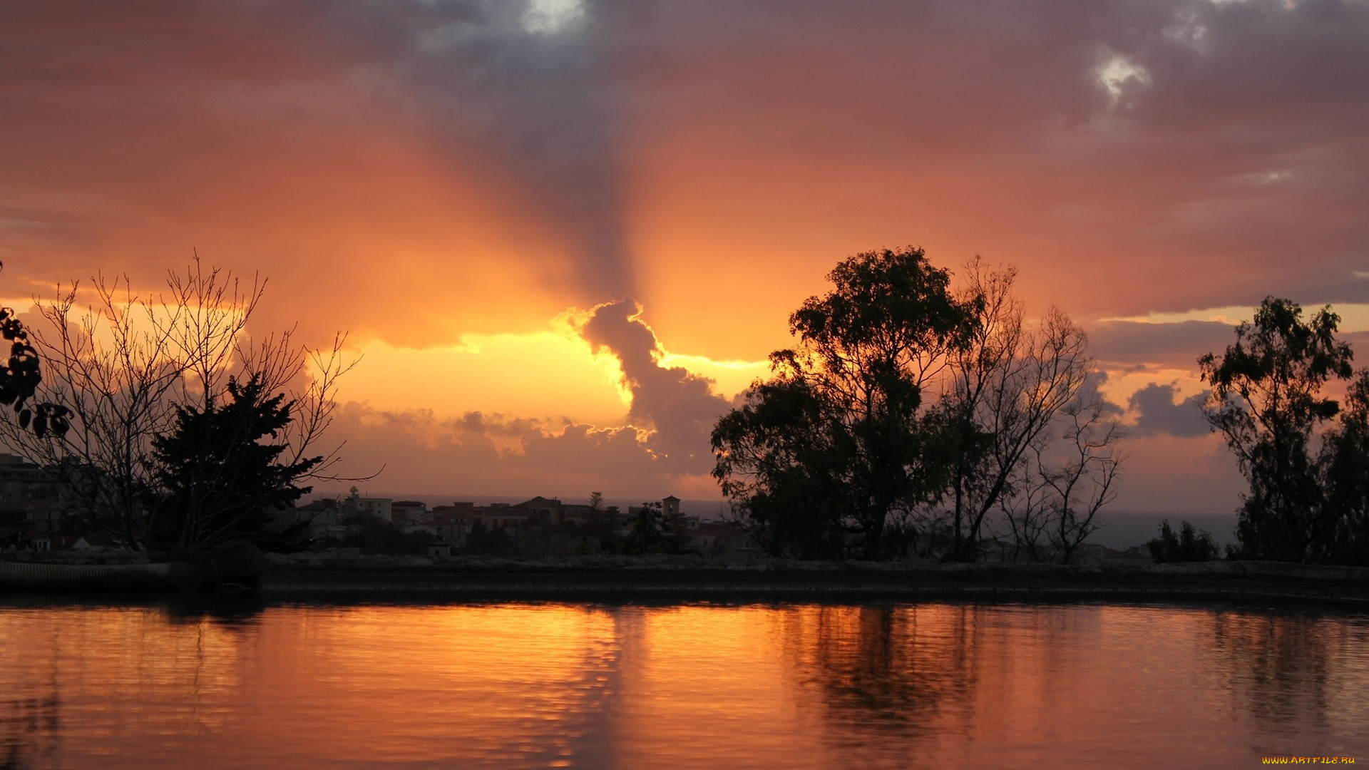 природа, восходы, закаты, река, деревья, облака, отражение