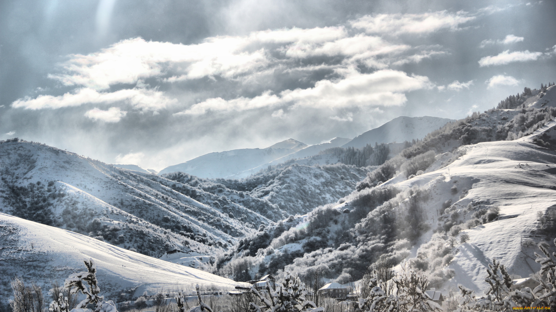 природа, зима, деревья, снег, облака, горы