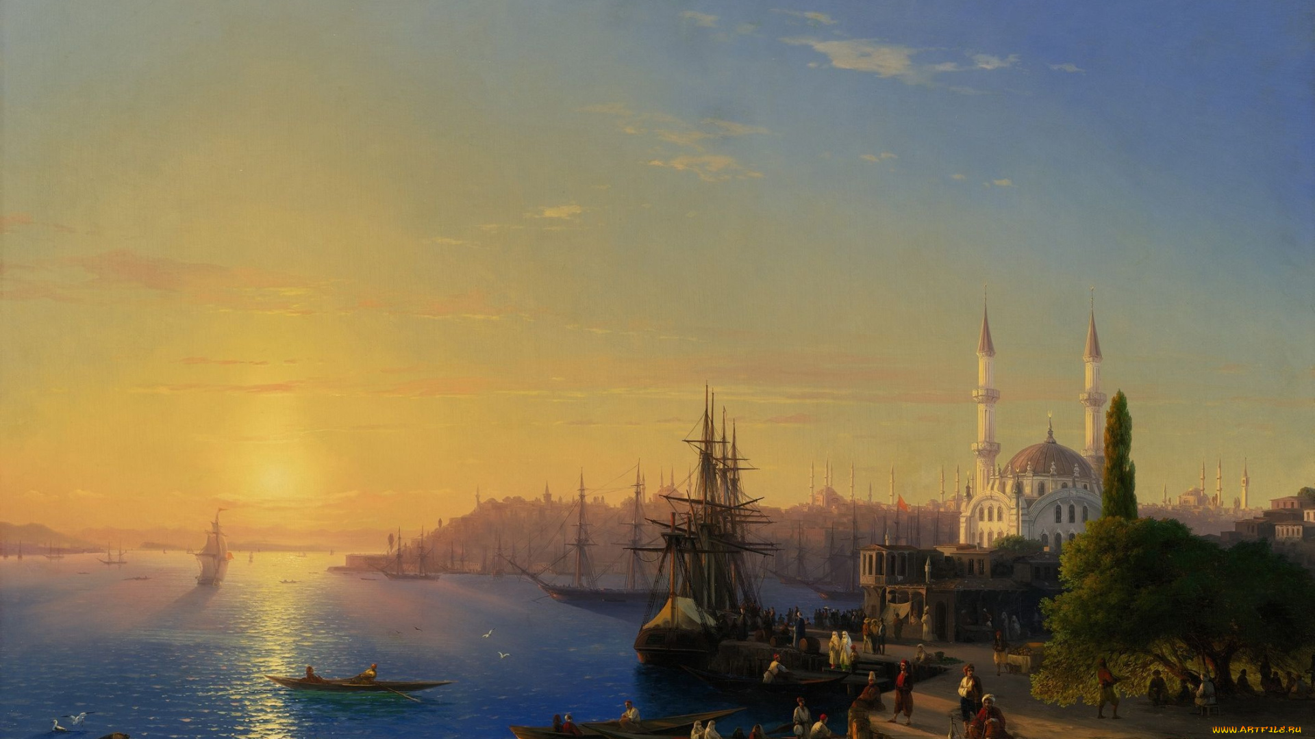 рисованные, иван, айвазовский, константинополь, босфор, порт, город, пристань, корабли, лодки, парусники, море, небо